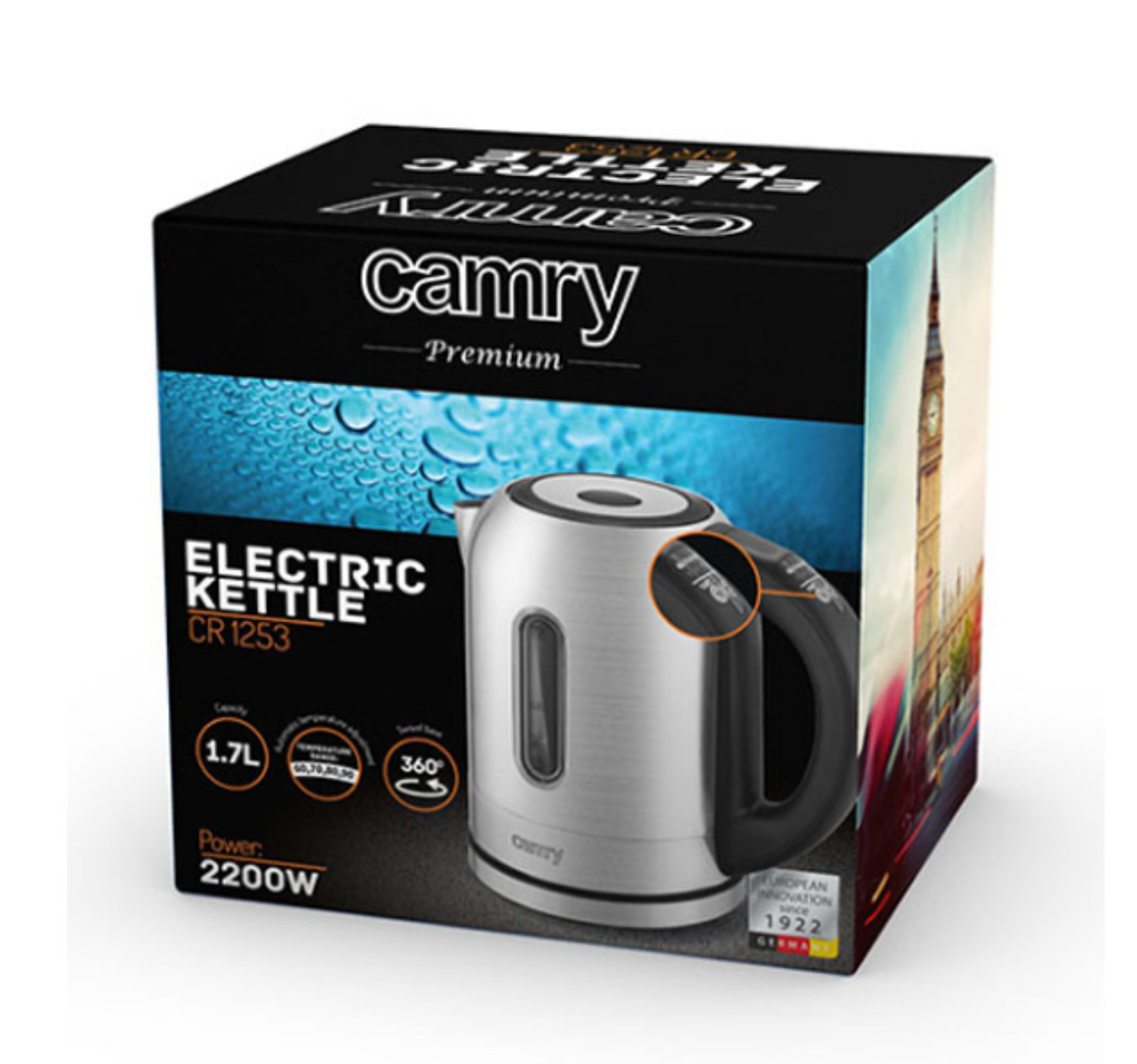 Pudełko z srebrnym czajnikiem elektrycznym z czarnym uchwytem. Na pudełku napis 'Camry' i 'Electric Kettle CR 1253'.