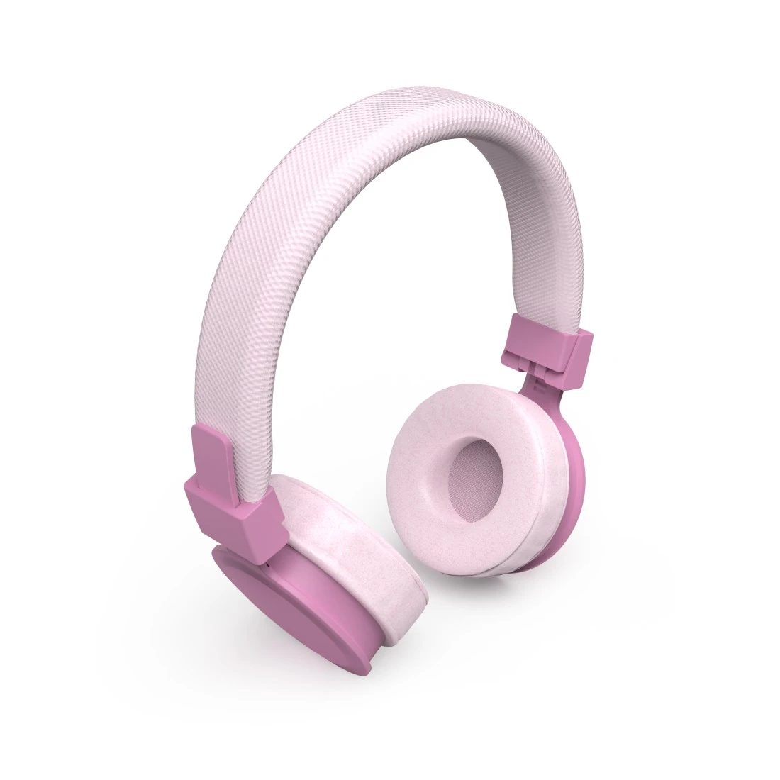 Rosa und weiße Kopfhörer auf weißem Hintergrund. Das Stirnband ist weiß, die Ohrmuscheln sind rosa und weiß.