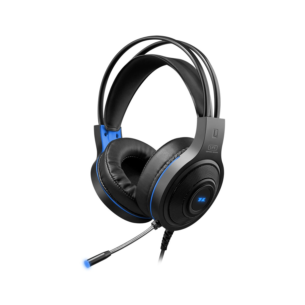 Cuffie da gioco nere e blu con microfono. Caratterizzate da padiglioni auricolari, archetto e microfono flessibile. Isolate su sfondo bianco.