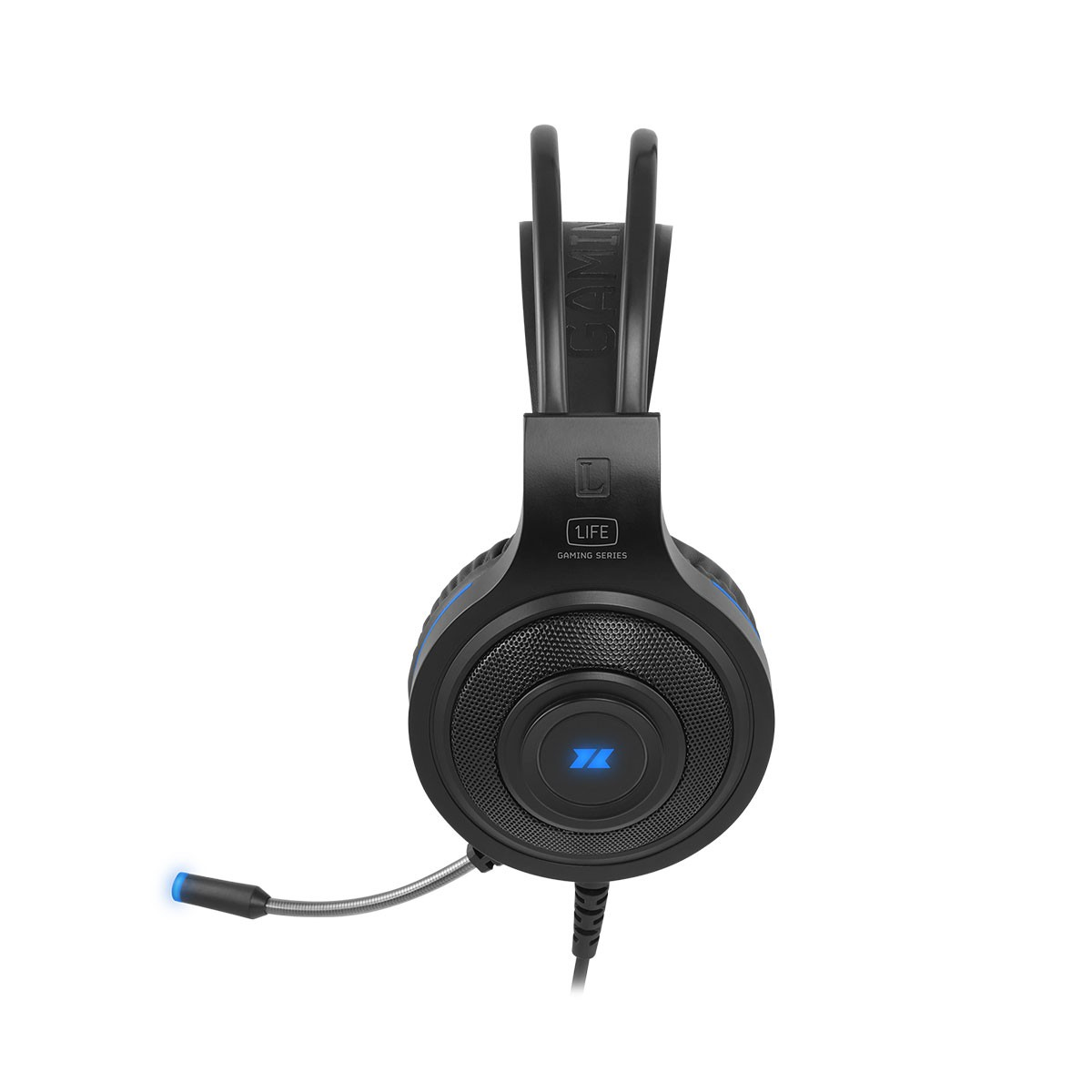 Cuffie da gaming nere con dettagli blu. Presentano un microfono flessibile e un logo sul padiglione auricolare, con la scritta "LIFE GAMING SERIES".