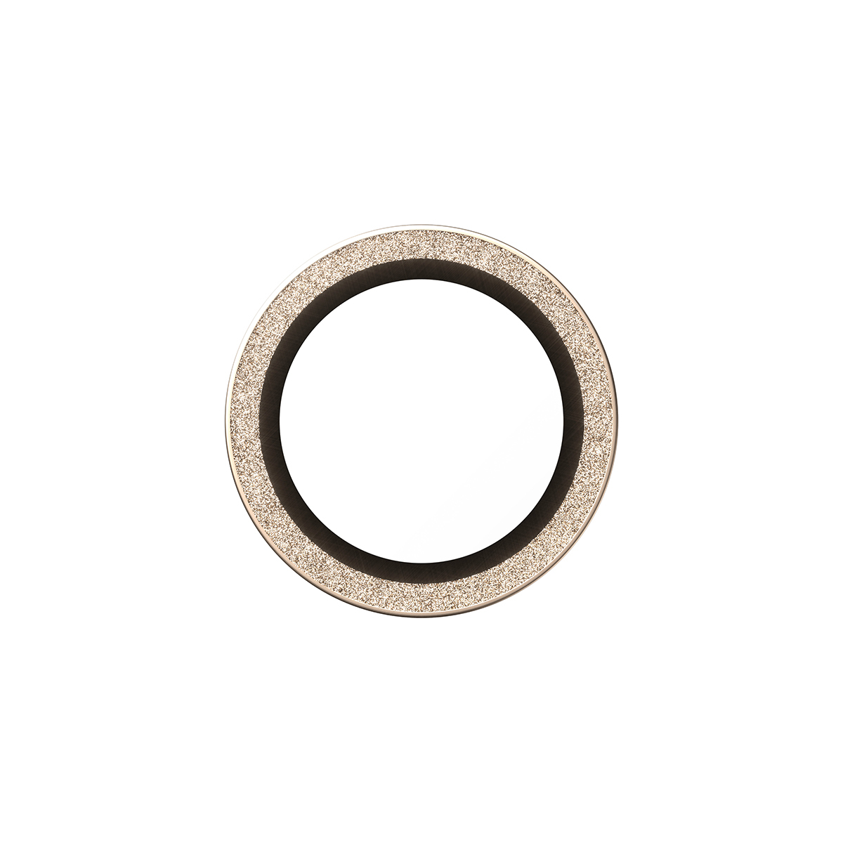 Een cirkelvormig object. Het heeft een glinsterende gouden buitenring, een zwarte binnenring en een wit centrum. De achtergrond is wit.