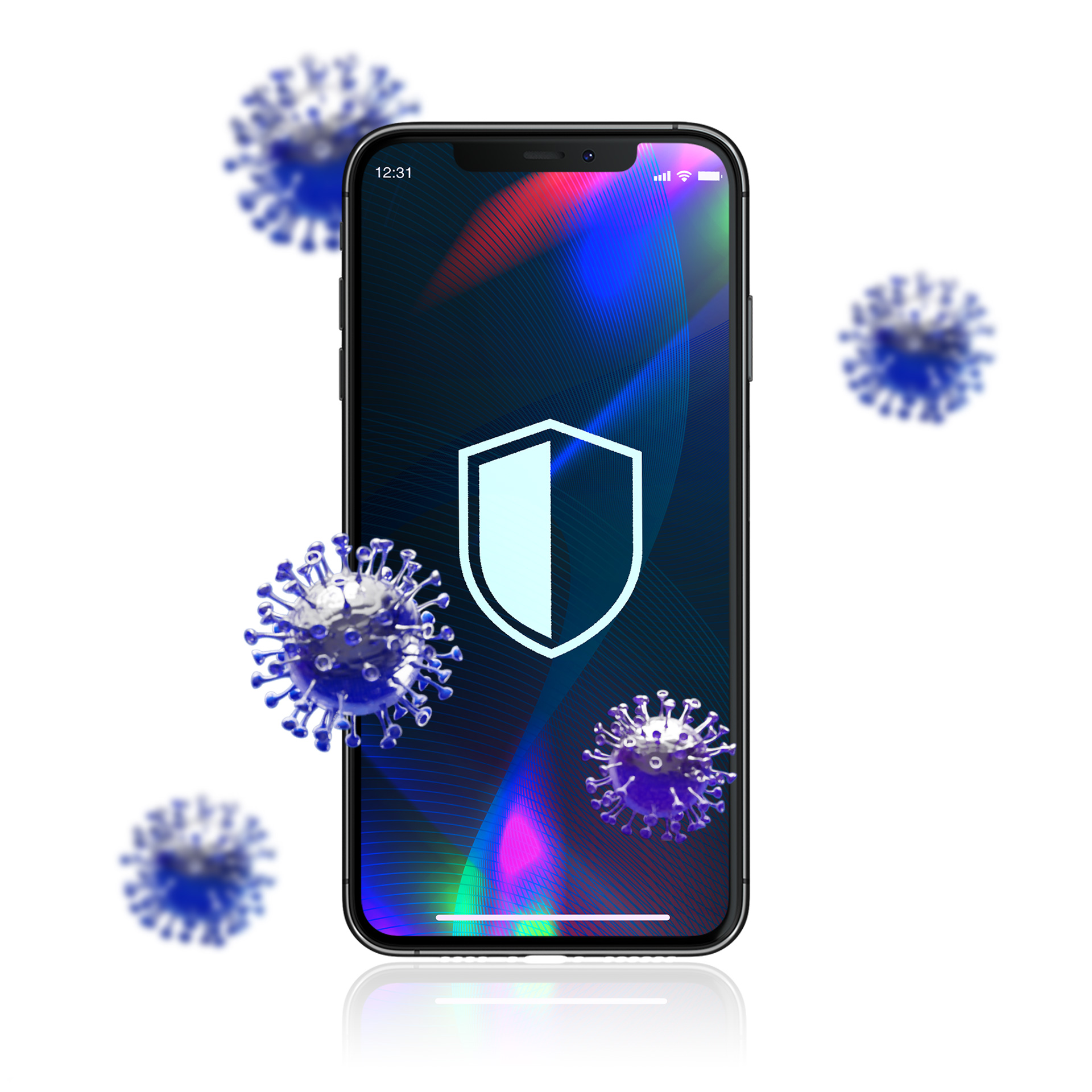 Un telefono con un'icona a scudo, circondato da illustrazioni di virus, su sfondo bianco.