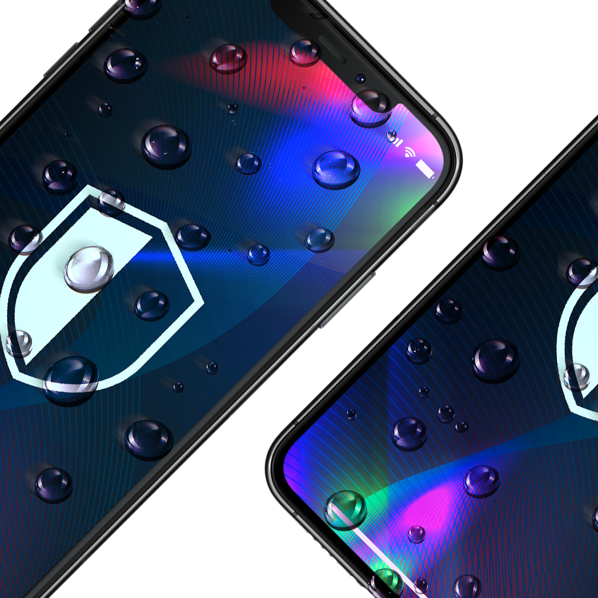 Due smartphone con gocce d'acqua. I display mostrano un motivo blu e viola con un'icona a scudo. Sfondo bianco.