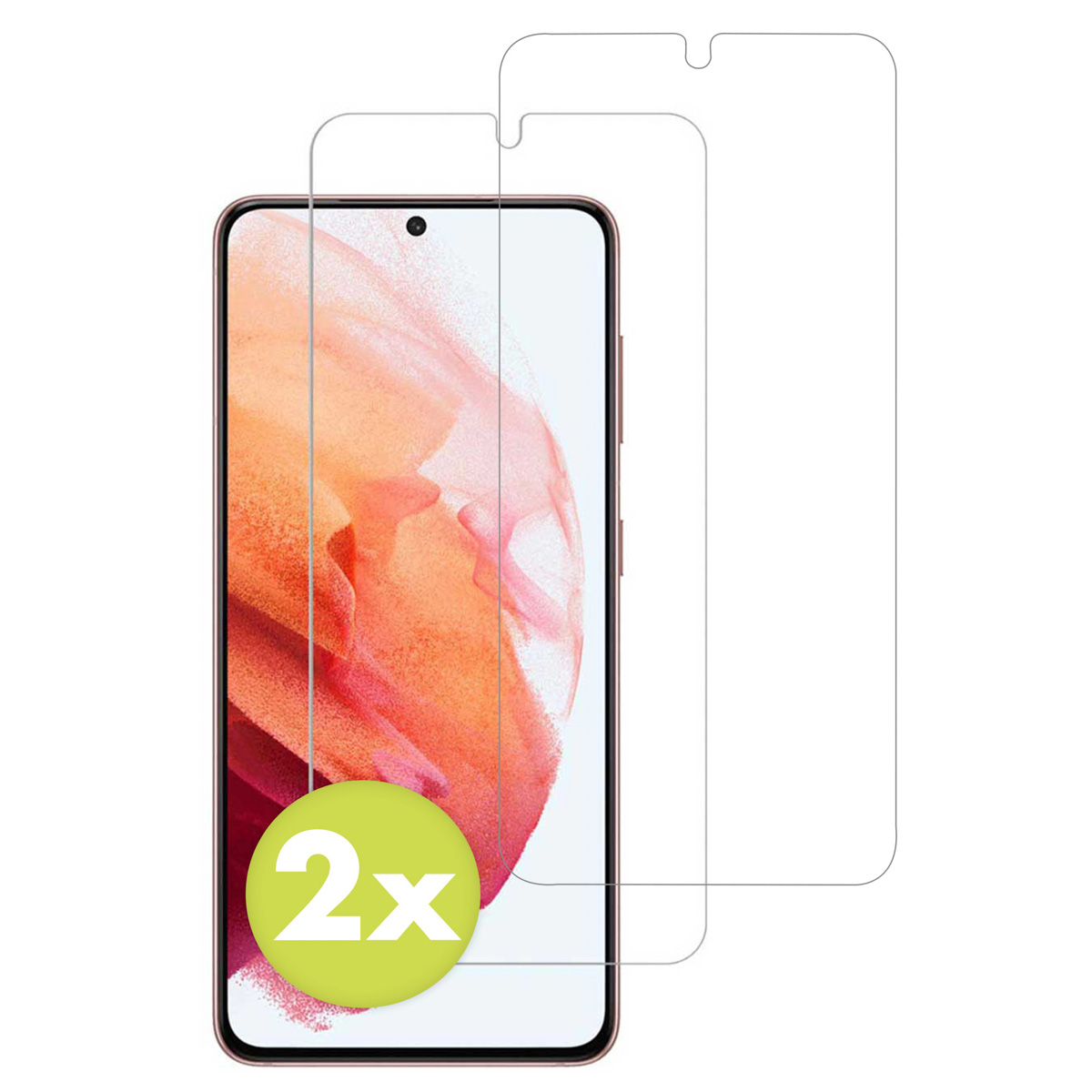 Un smartphone avec deux protecteurs d'écran. Un cercle vert avec '2x' est sur l'écran du téléphone.