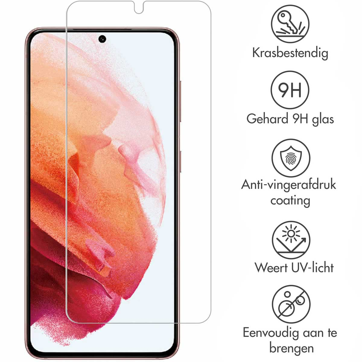 Un téléphone avec un protecteur d'écran. L'écran affiche une image colorée. Le texte à droite indique la résistance aux rayures et la protection UV.