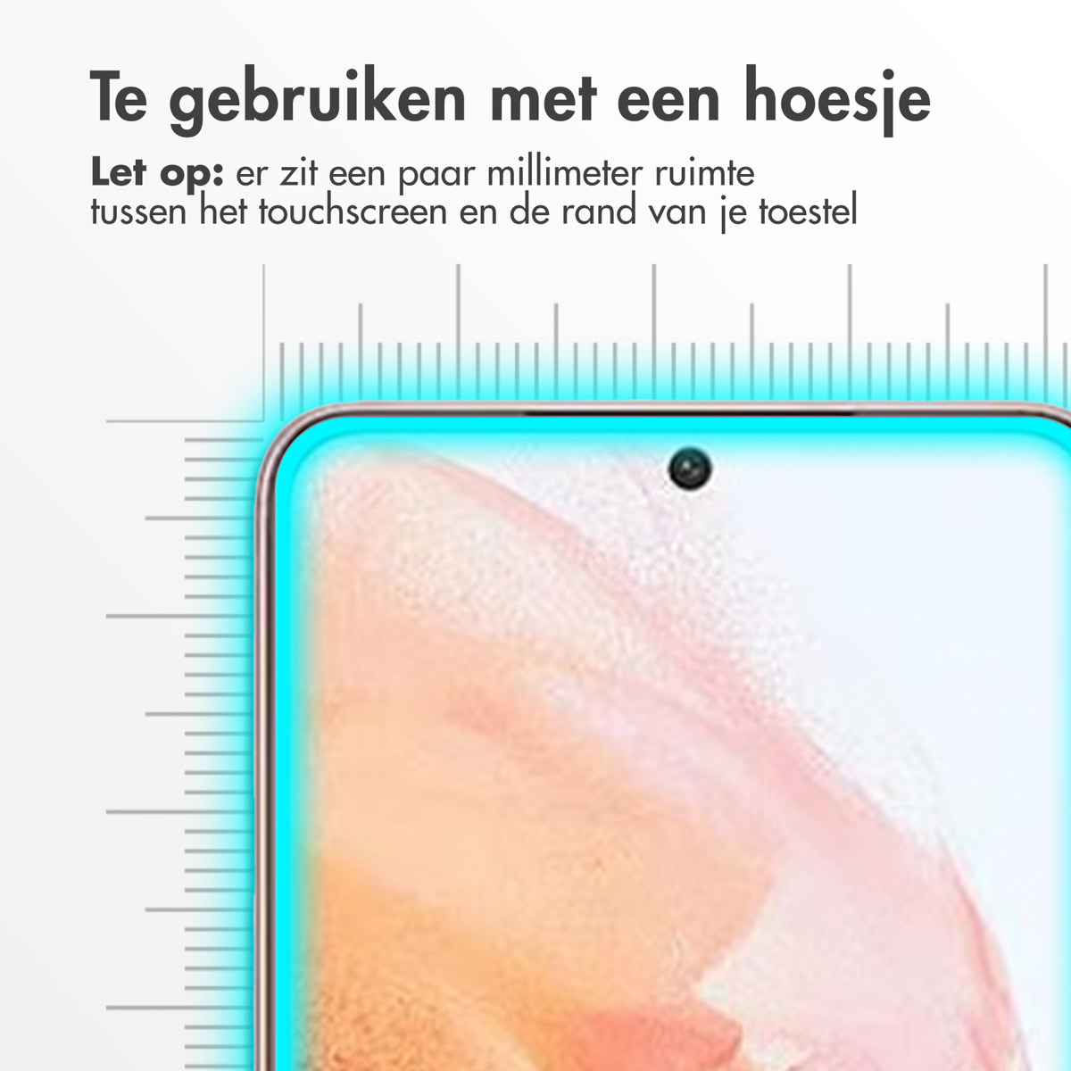 Gros plan d'un écran de téléphone avec texte. Le texte conseille d'utiliser un étui et note un petit espace entre l'écran et le bord.