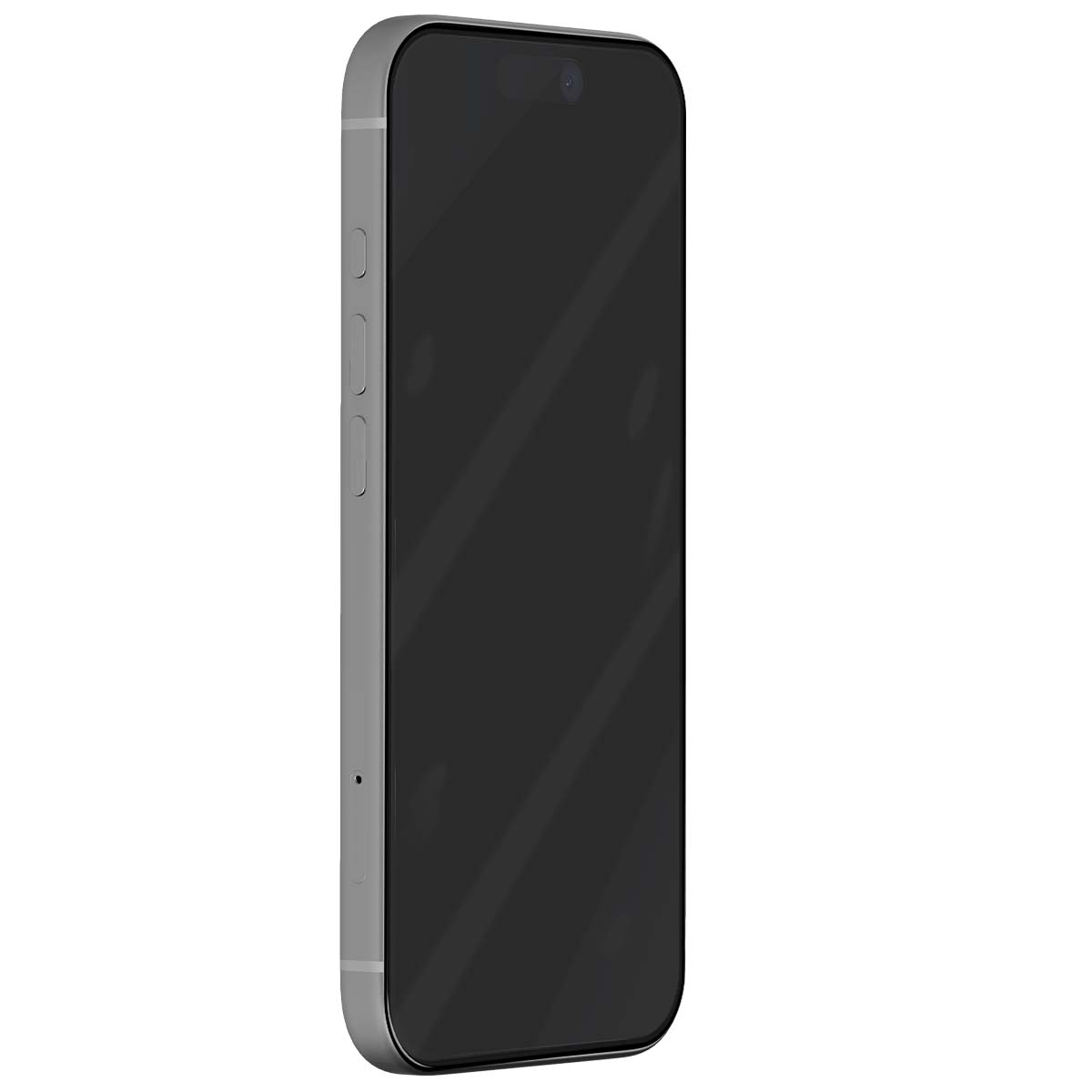 Un smartphone argenté avec un écran noir est affiché. Le téléphone a des bords arrondis et des boutons sur le côté. Le fond est blanc.
