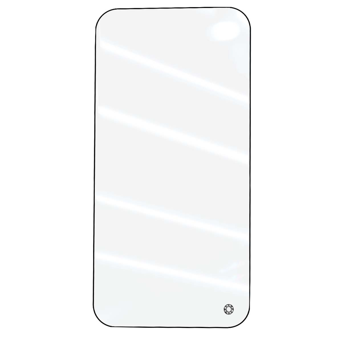 Een witte rechthoekige vorm met afgeronde hoeken. Er is een klein ontwerp rechtsonder. Licht reflecteert over het oppervlak.