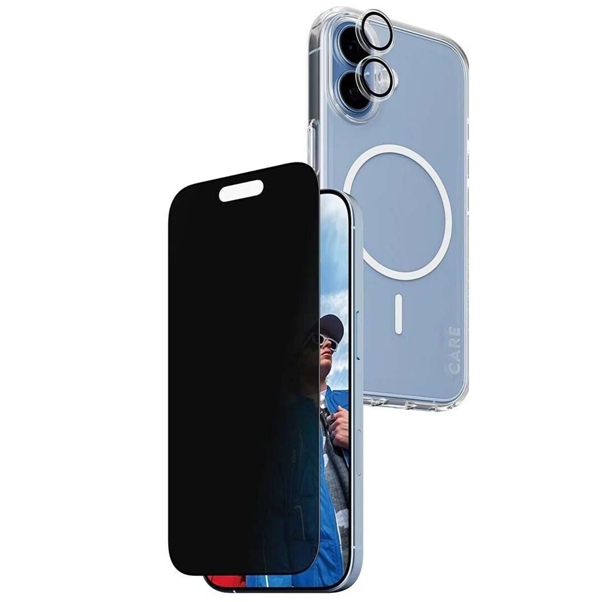 Un telefono con protezione schermo e una custodia trasparente con tre ritagli per la fotocamera. Un uomo è visibile attraverso lo schermo.