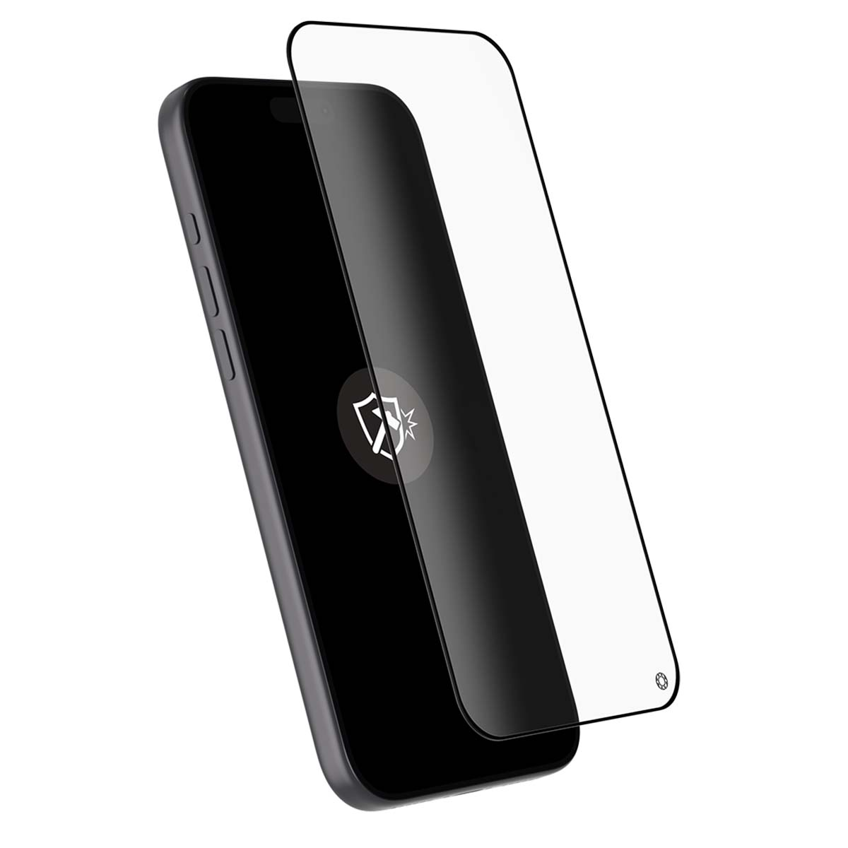 Een smartphone met een schermbeschermer. De telefoon is zwart met een wit logo. De beschermer is helder en iets opgetild.