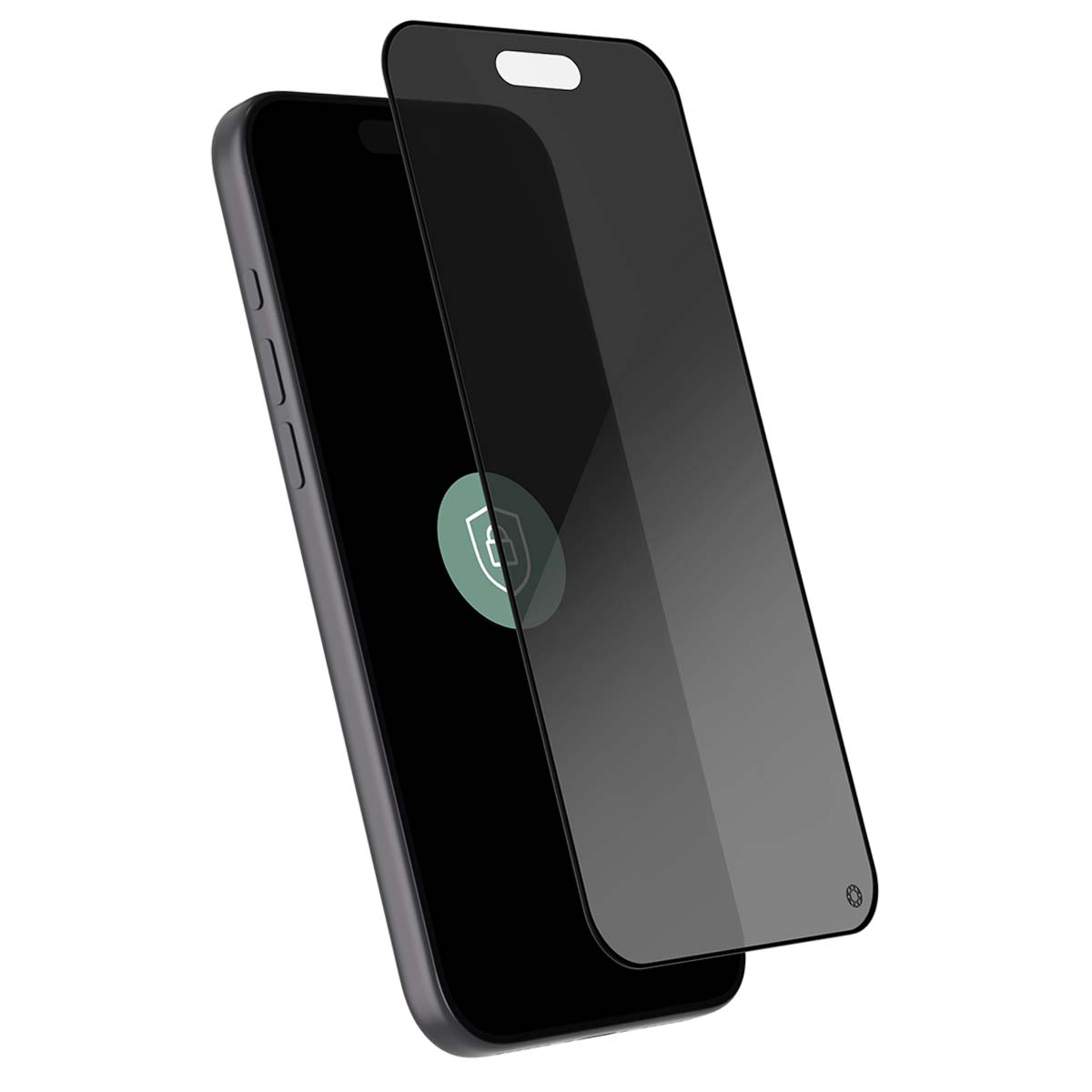 Un smartphone avec un protecteur d'écran. Le protecteur est un film transparent foncé. Le téléphone est gris foncé.