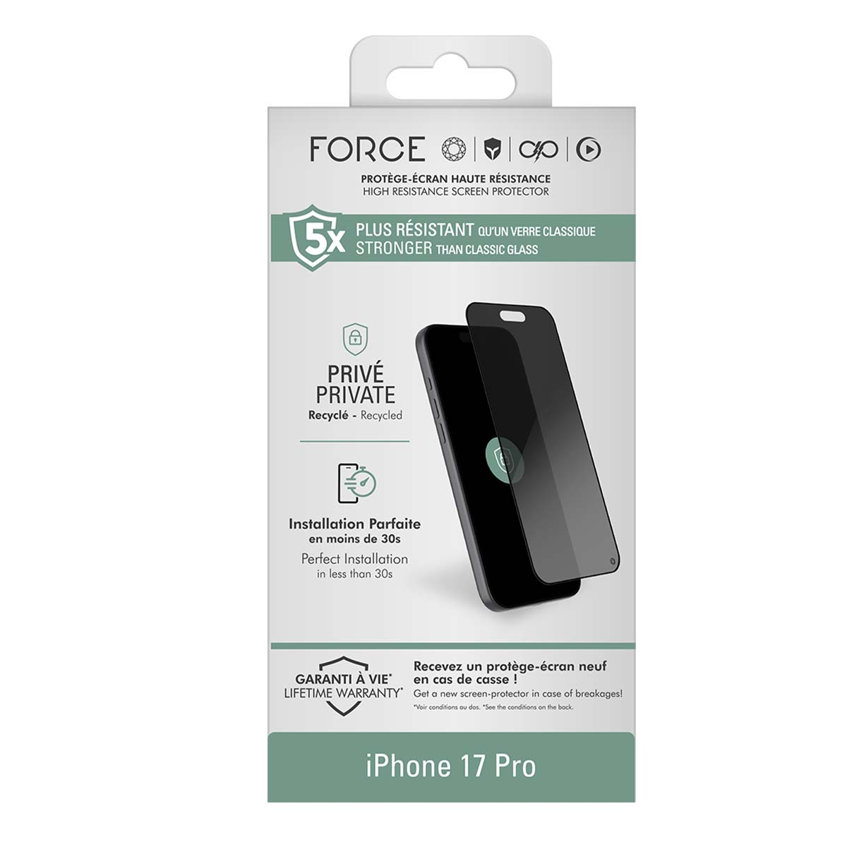 Een doosje met een schermbeschermer met tekst. Er staat 'FORCE' en 'iPhone 17 Pro'. Er is een telefoon en een schermbeschermer.