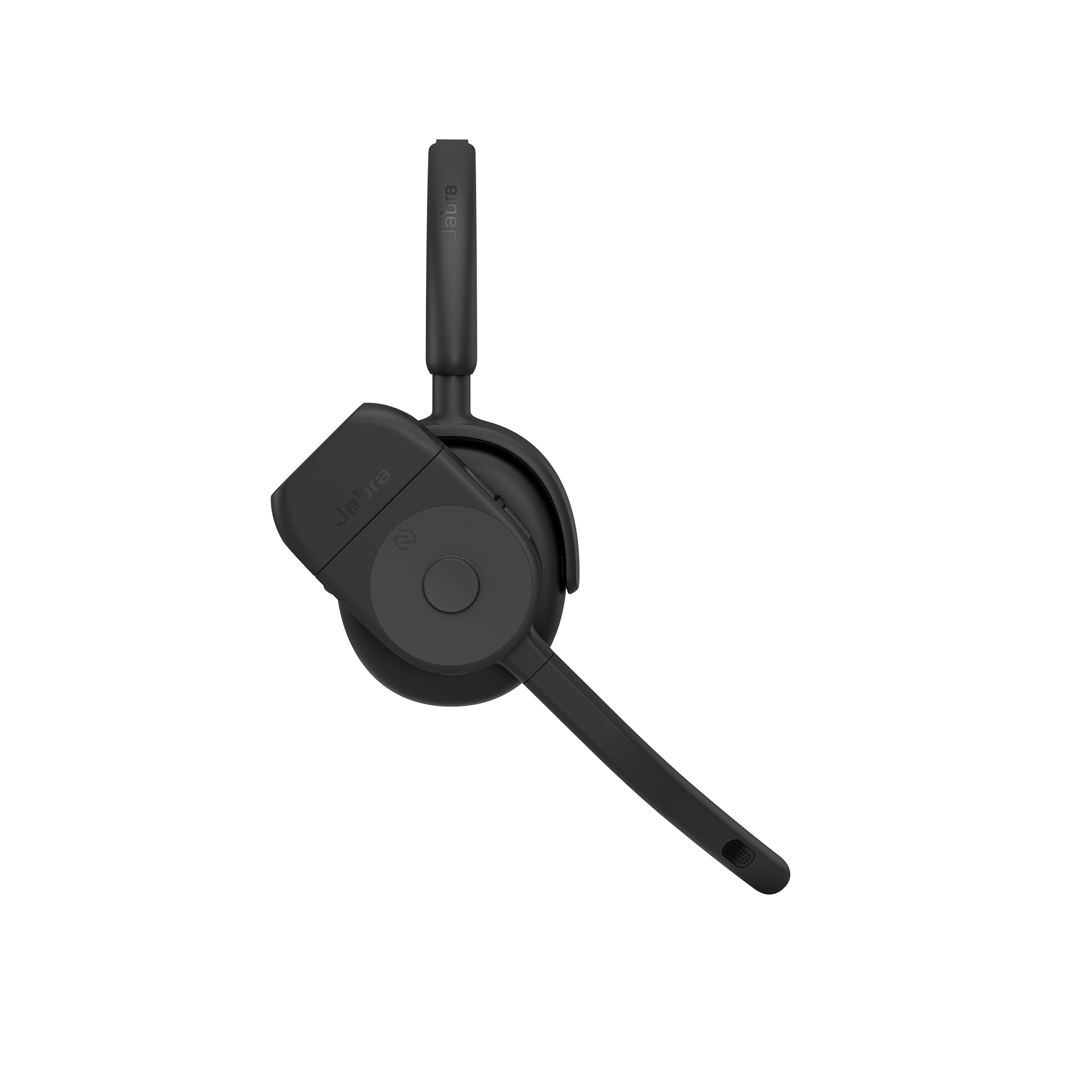 Cuffie Jabra nere su bianco. Ha un braccio microfonico e un pulsante rotondo sull'auricolare.