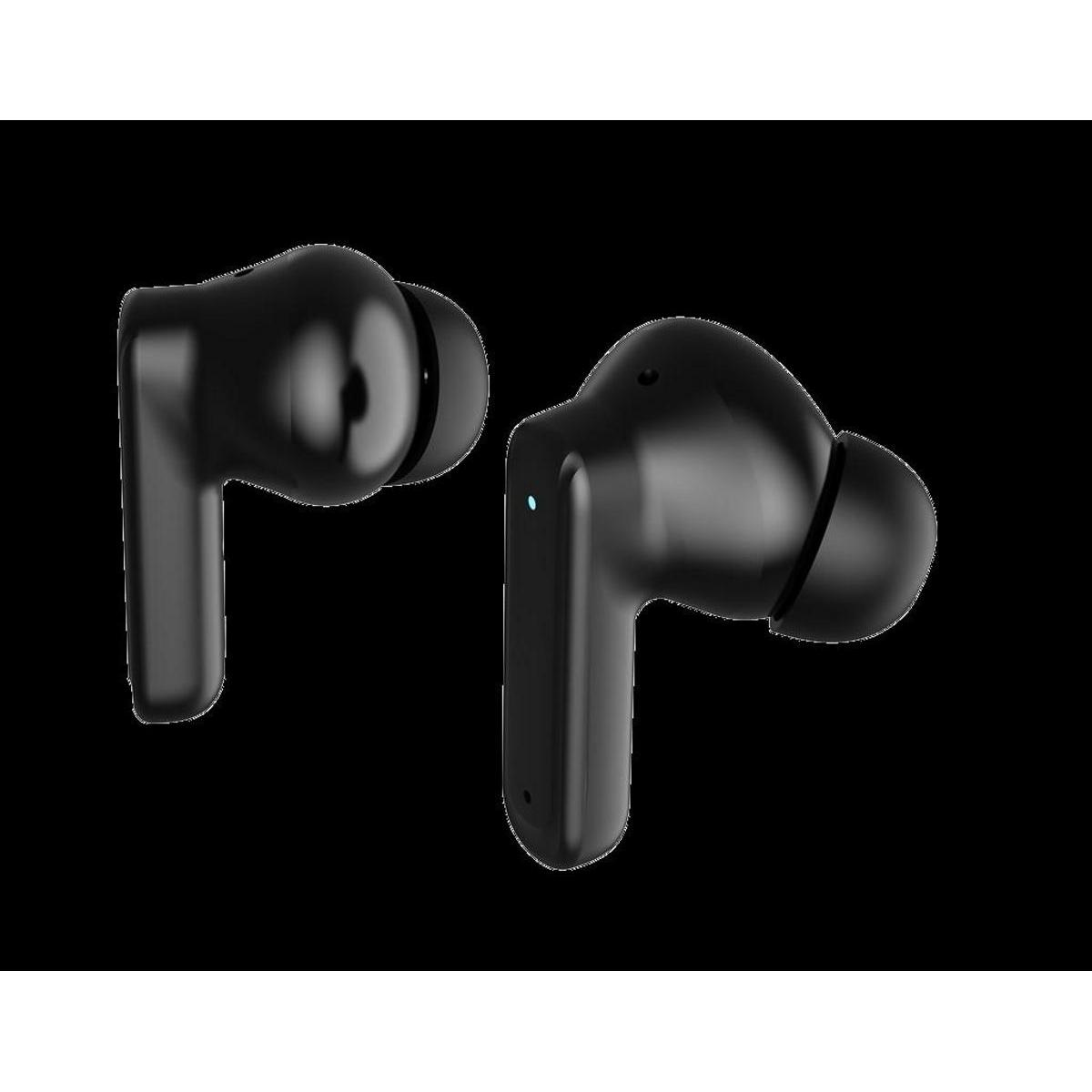 Dos auriculares inalámbricos negros sobre un fondo negro. Cada auricular tiene un vástago y un auricular redondeado.