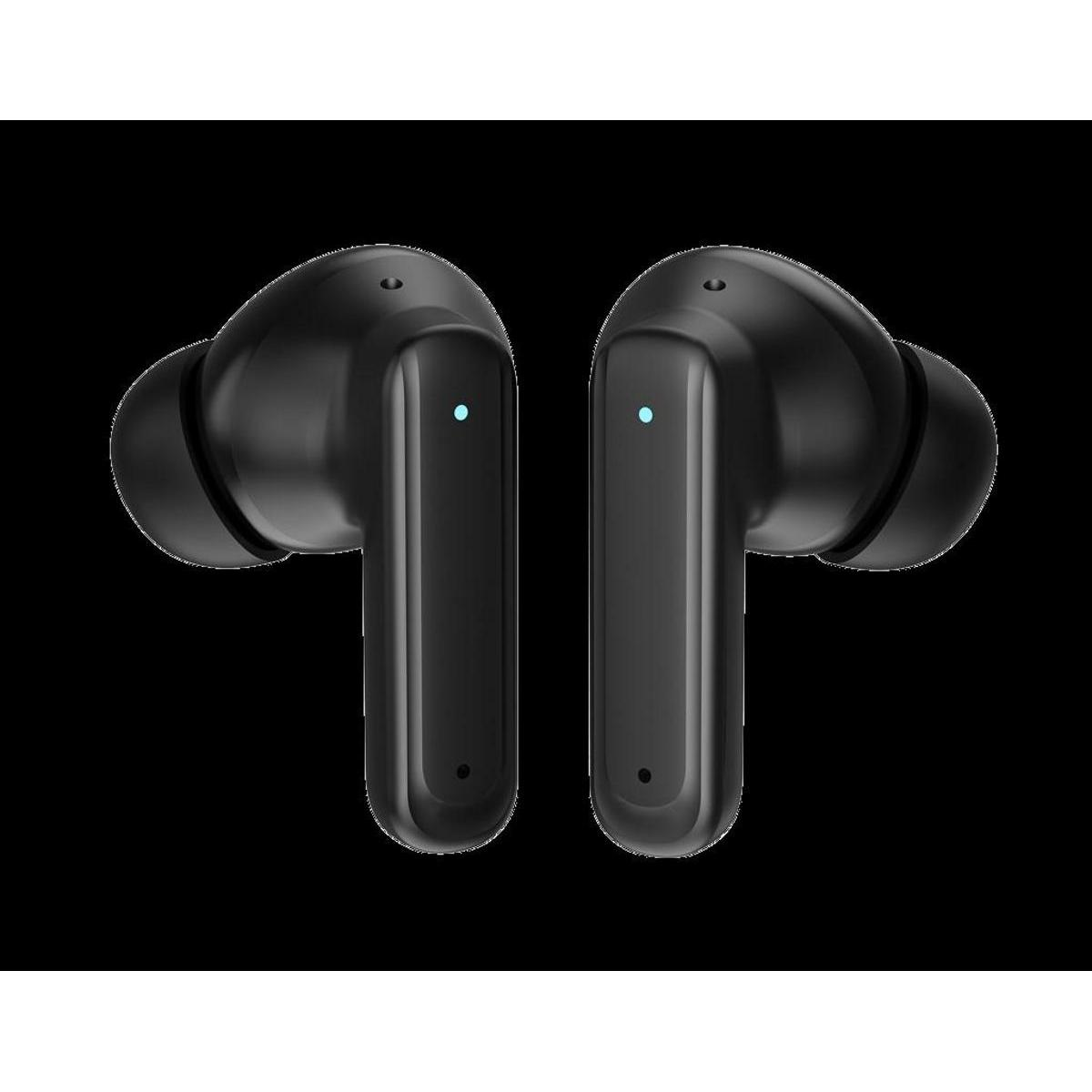 Dos auriculares inalámbricos negros sobre fondo negro. Cada uno tiene una luz azul y un pequeño agujero.