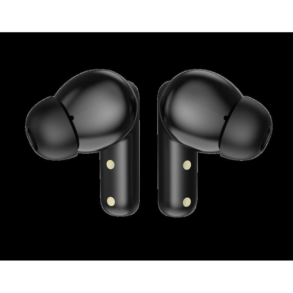 Dos auriculares inalámbricos negros sobre fondo negro. Cada auricular tiene una punta redondeada y un tallo con dos puntos pequeños.