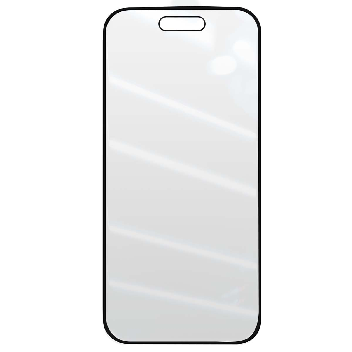 Un protector de pantalla transparente para un teléfono con borde negro. Tiene un recorte en la parte superior para el altavoz.