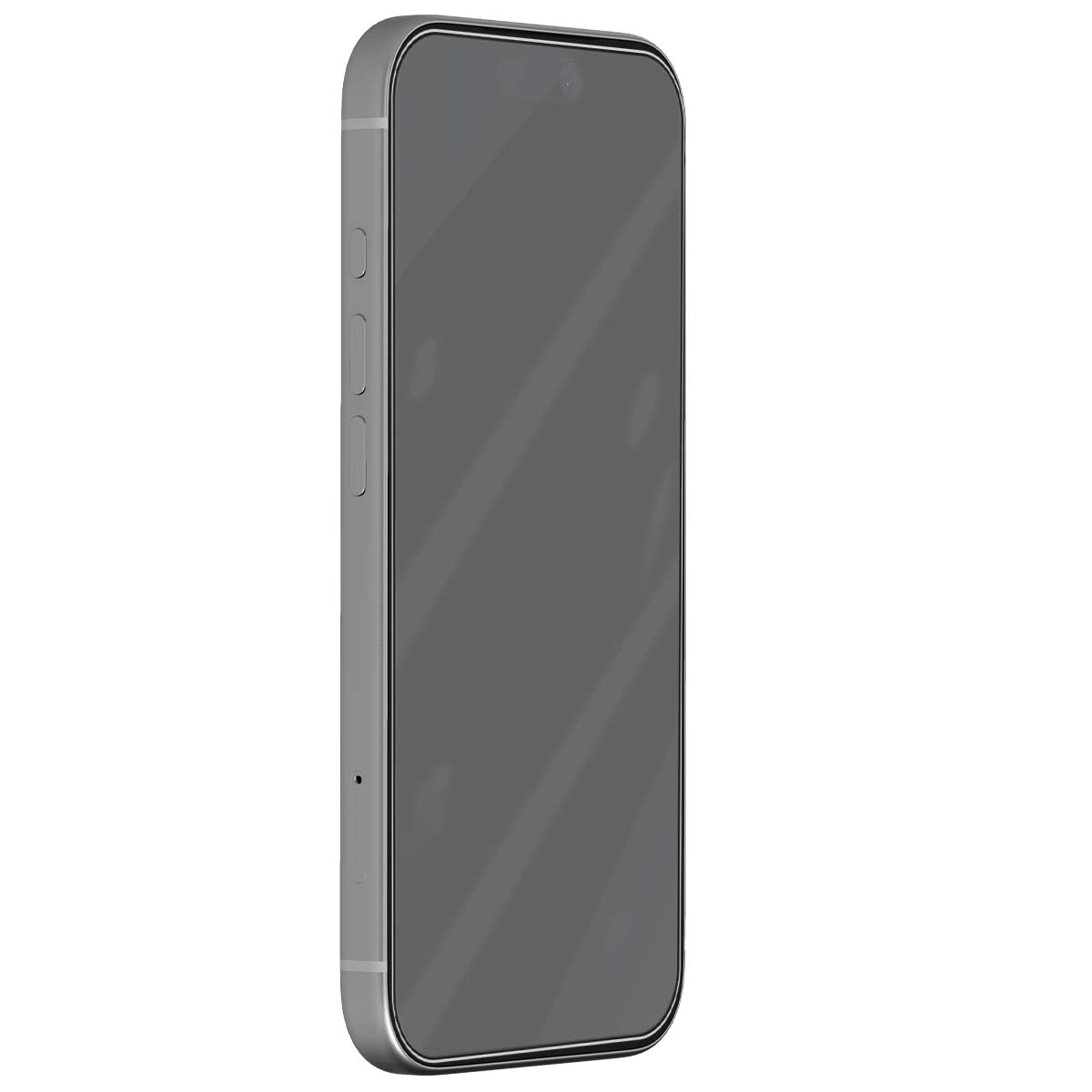 Een zilveren smartphone met een donkergrijs scherm. De telefoon heeft afgeronde randen en knoppen aan de zijkant. De achtergrond is wit.