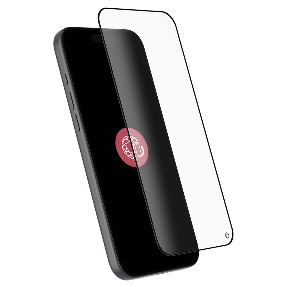 Un smartphone con un protector de pantalla. El teléfono es negro y tiene un logo rojo y blanco en la pantalla. El protector es transparente.