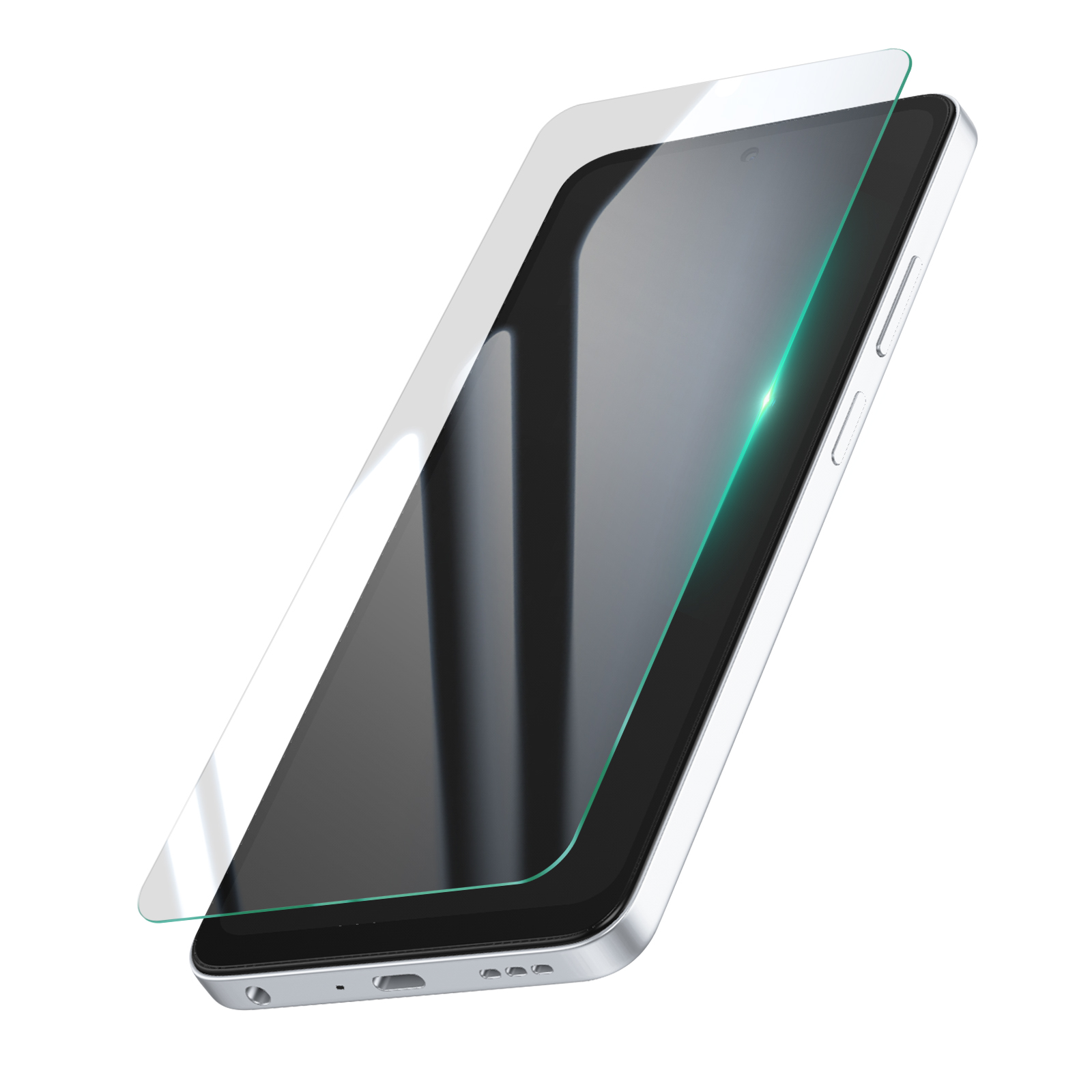 Un smartphone avec un protecteur d'écran. Le téléphone est argenté, l'écran est noir et le protecteur est transparent.