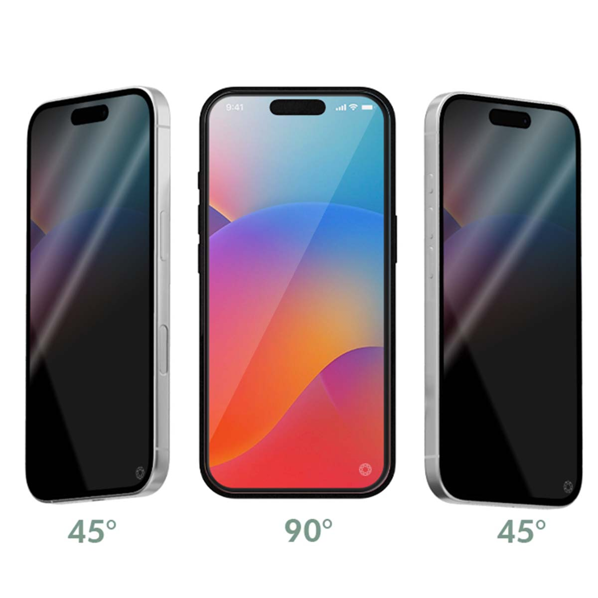 Trois smartphones sous différents angles. Le téléphone central affiche un fond d'écran coloré, les autres semblent sombres. Les angles sont indiqués.