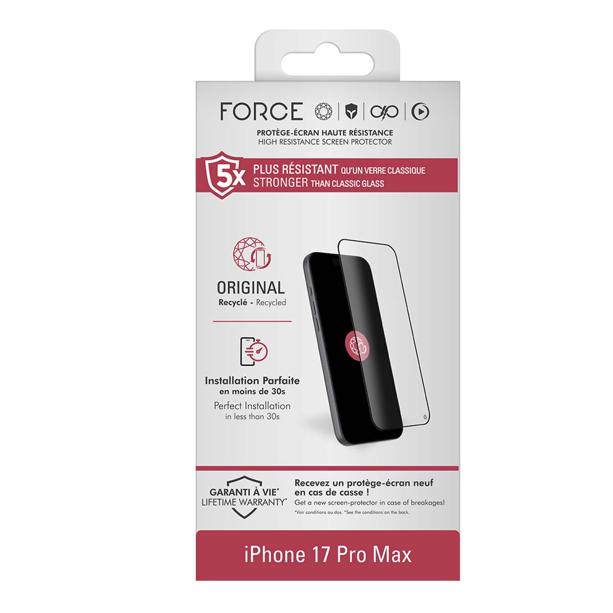 Una caja de protector de pantalla para teléfono. Presenta la marca 'FORCE', un teléfono con el protector y texto en inglés y francés.