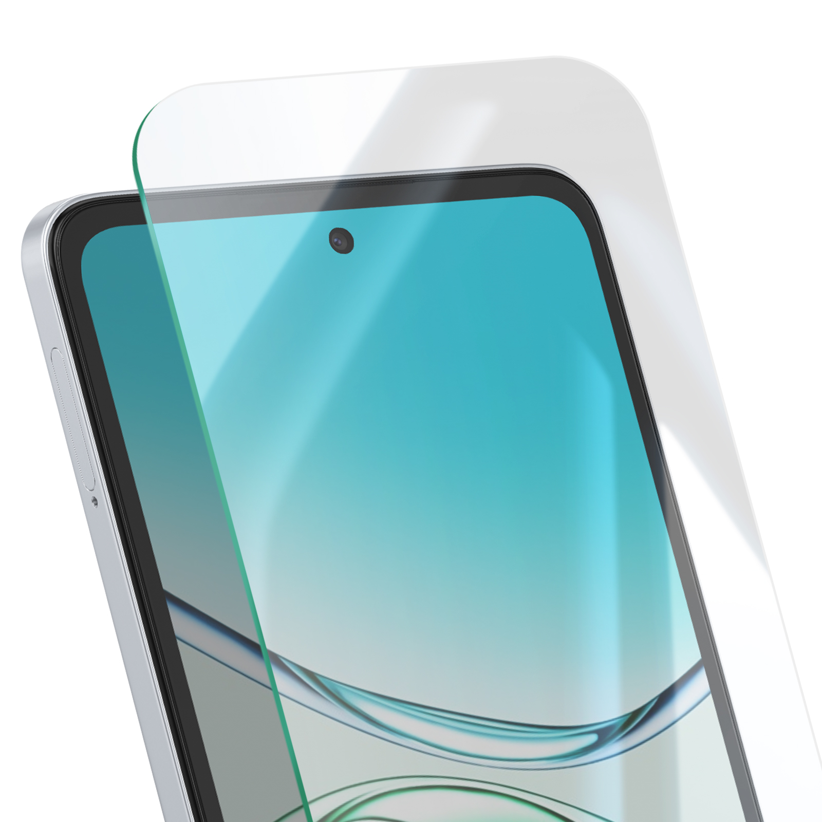 Un smartphone avec un protecteur d'écran appliqué. L'écran affiche un dégradé turquoise. Une petite caméra est visible.