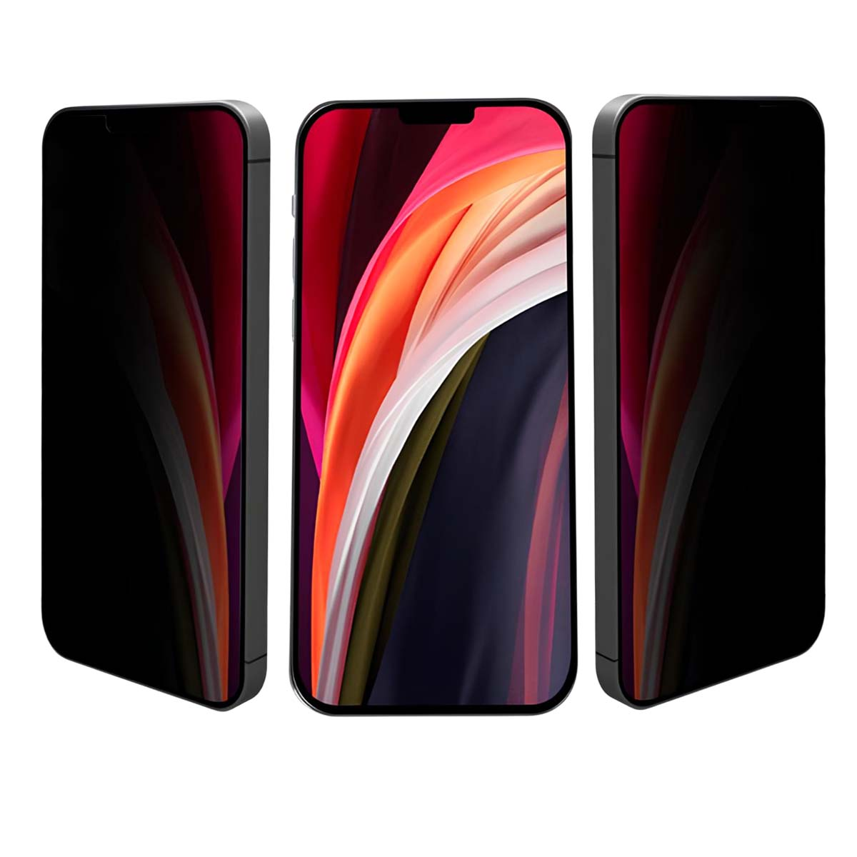 Tre smartphone con cornici nere. Il telefono centrale mostra un'immagine astratta colorata. Due telefoni laterali sono neri.