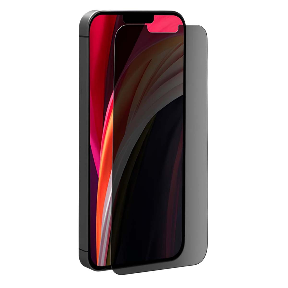 Uno smartphone con protezione schermo. Il telefono è nero con un gradiente rosso e arancione sullo schermo, e la protezione è grigia.