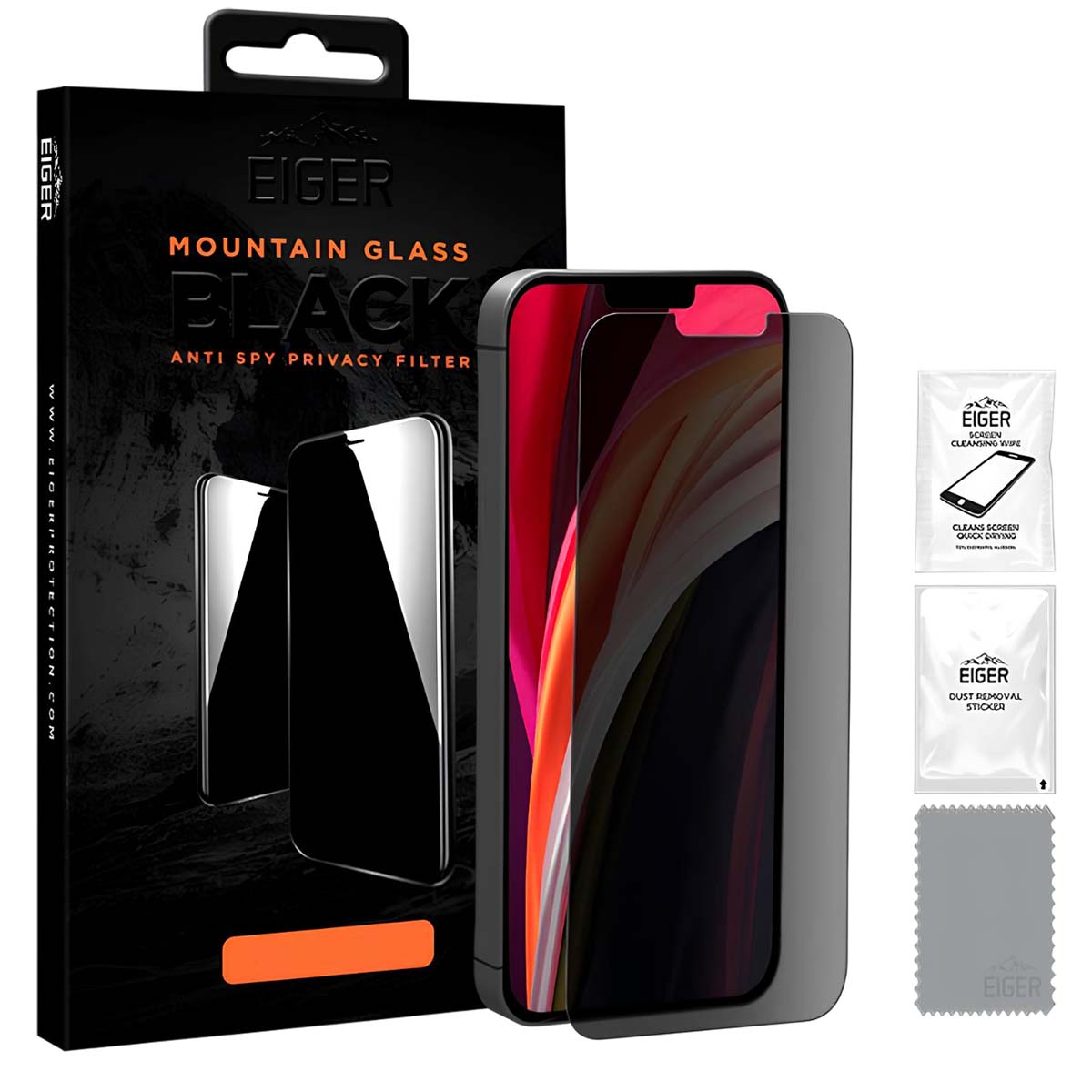 Un telefono con protezione schermo e confezione. La scatola dice 'Eiger Mountain Glass Black Anti Spy Privacy Filter'.