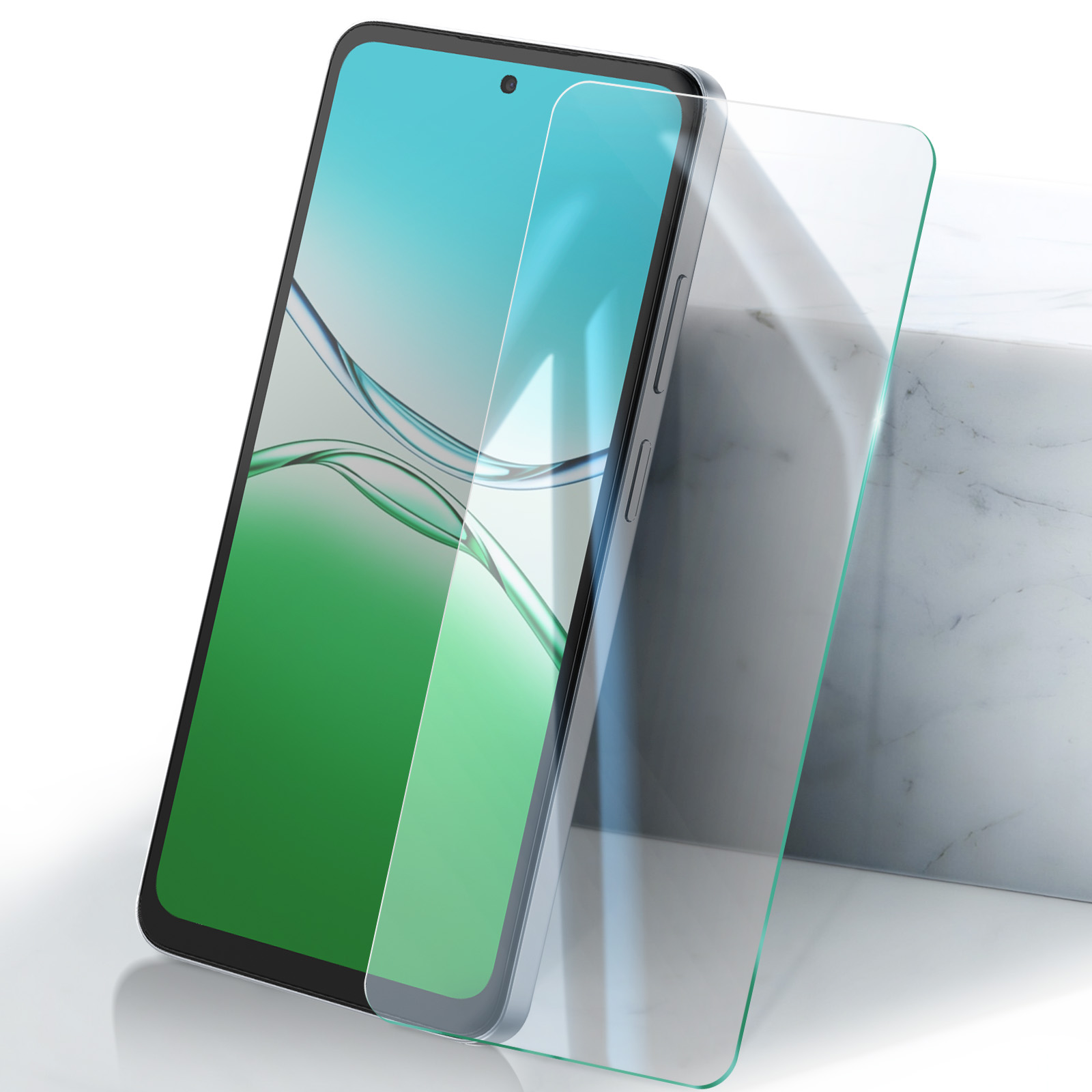 Un smartphone avec un protecteur d'écran. Le téléphone a un écran vert et bleu. Il se tient sur une surface blanche.