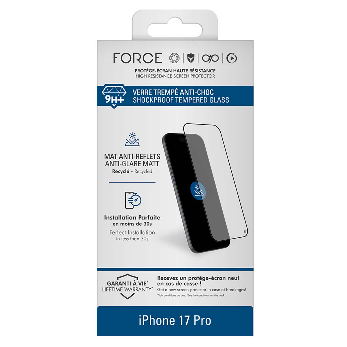 Une boîte de protection d'écran. Elle affiche un téléphone et le protecteur. Le texte comprend 'antichoc', 'anti-reflet' et 'iPhone 17 Pro'.