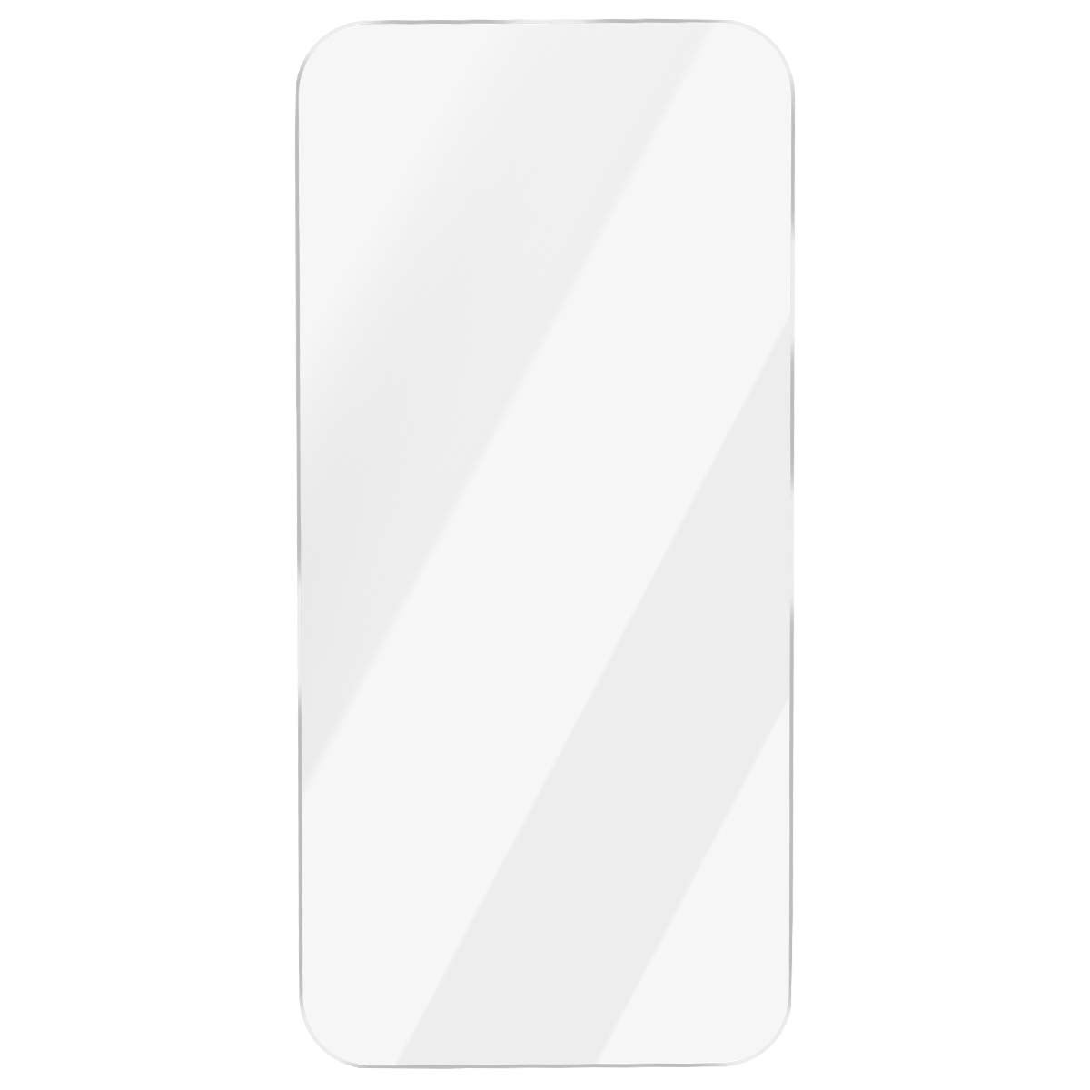 Een rechthoekige, transparante schermbeschermer met afgeronde hoeken tegen een witte achtergrond.