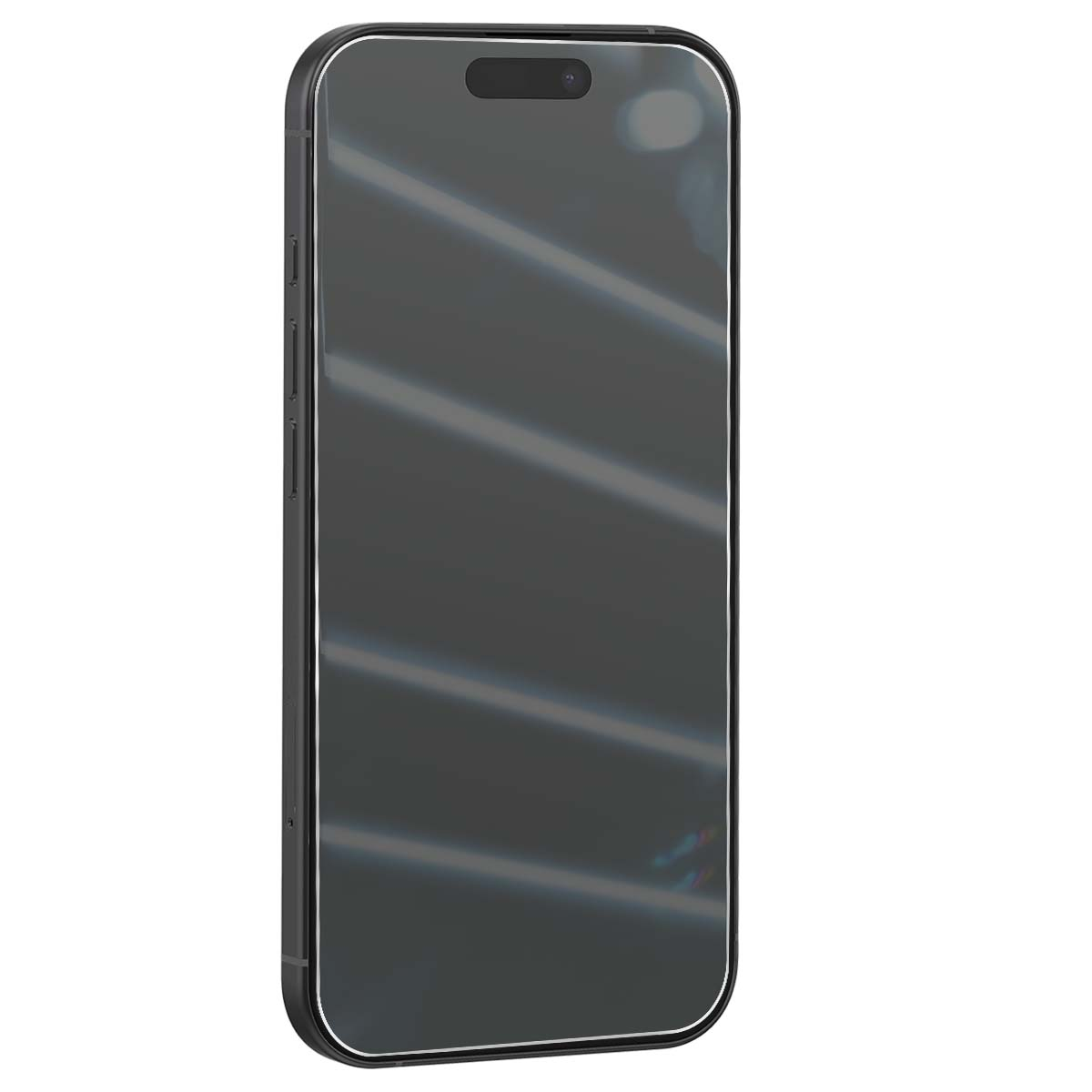 Een moderne smartphone met een zwart frame en donker scherm, tegen een witte achtergrond.