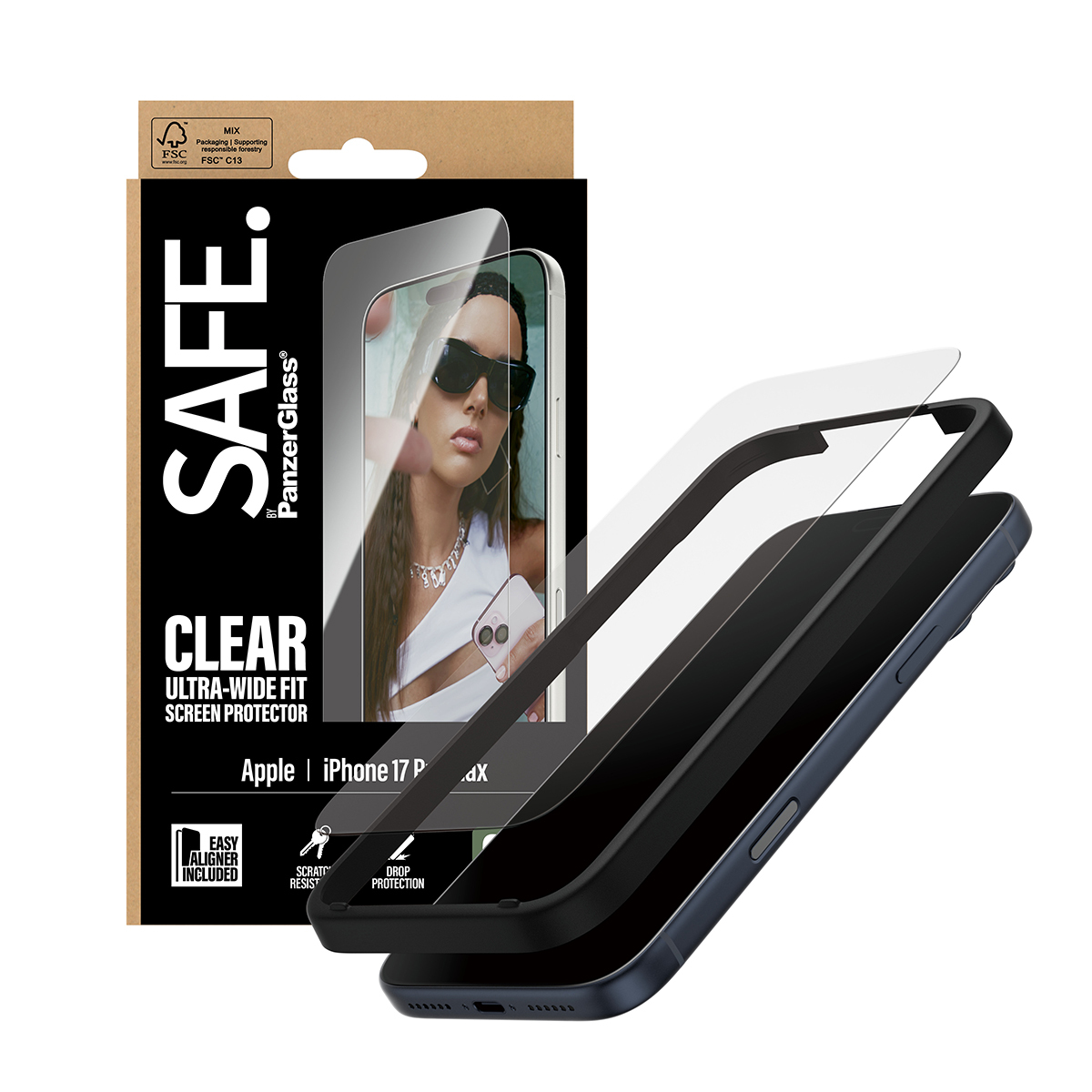 Eine Verpackung für einen Displayschutz mit einem Telefon, einem Schutz und einer Frau mit Sonnenbrille. Auf der Verpackung steht 'SAFE' und 'CLEAR'.