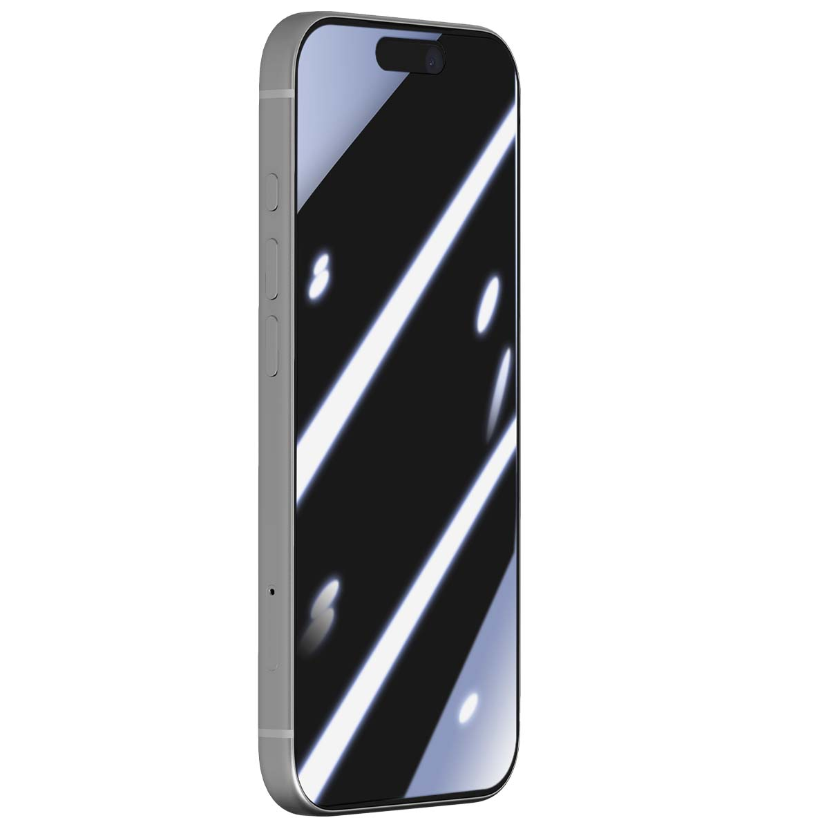 Un smartphone argenté avec un écran noir. L'écran reflète la lumière blanche. Boutons sur le côté.