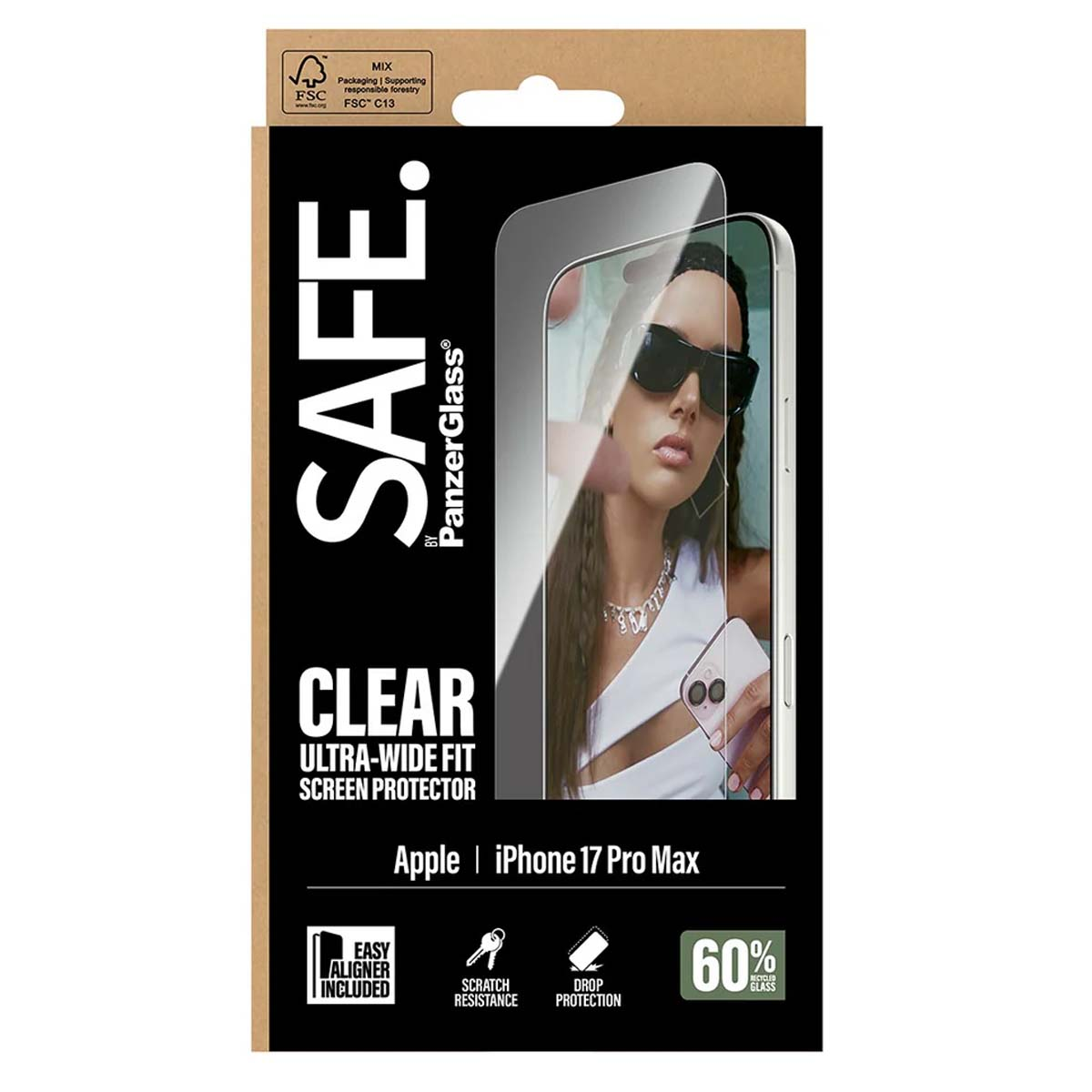Verpackter Displayschutz für iPhone 17 Pro Max. Die Box zeigt eine Frau mit Sonnenbrille, Produktdetails und Logos.