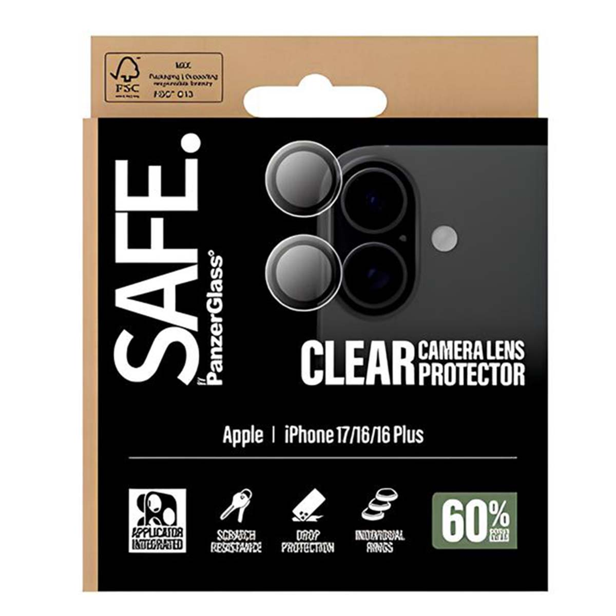 Confezione per una protezione trasparente dell'obiettivo della fotocamera. Dice 'SAFE', 'CLEAR CAMERA LENS PROTECTOR' per Apple iPhone 17/16/16 Plus.
