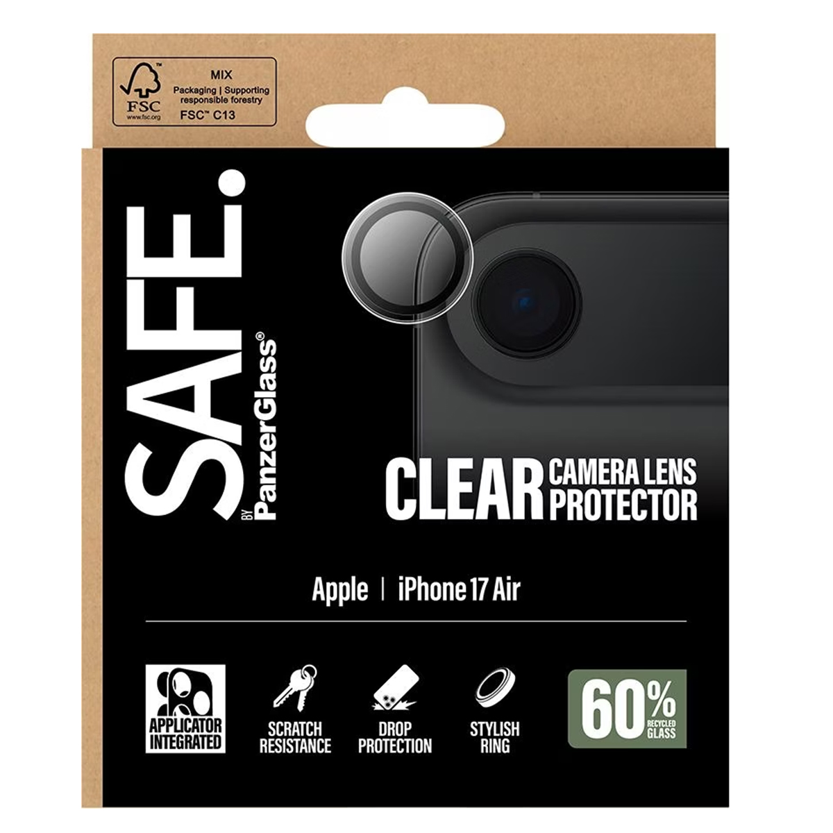 Une boîte de protection d'objectif de téléphone. Il est écrit 'SAFE' et 'CLEAR CAMERA LENS PROTECTOR'. Mentionne 'Apple iPhone 17 Air'.