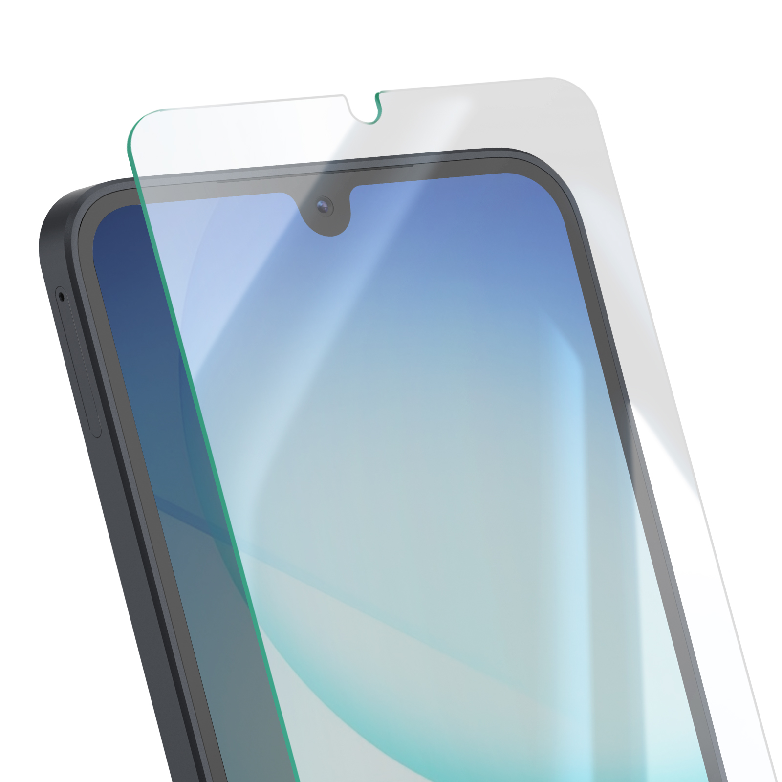 Un smartphone avec un protecteur d'écran appliqué. Le téléphone est noir avec un écran bleu et blanc. Un protecteur transparent est dessus.