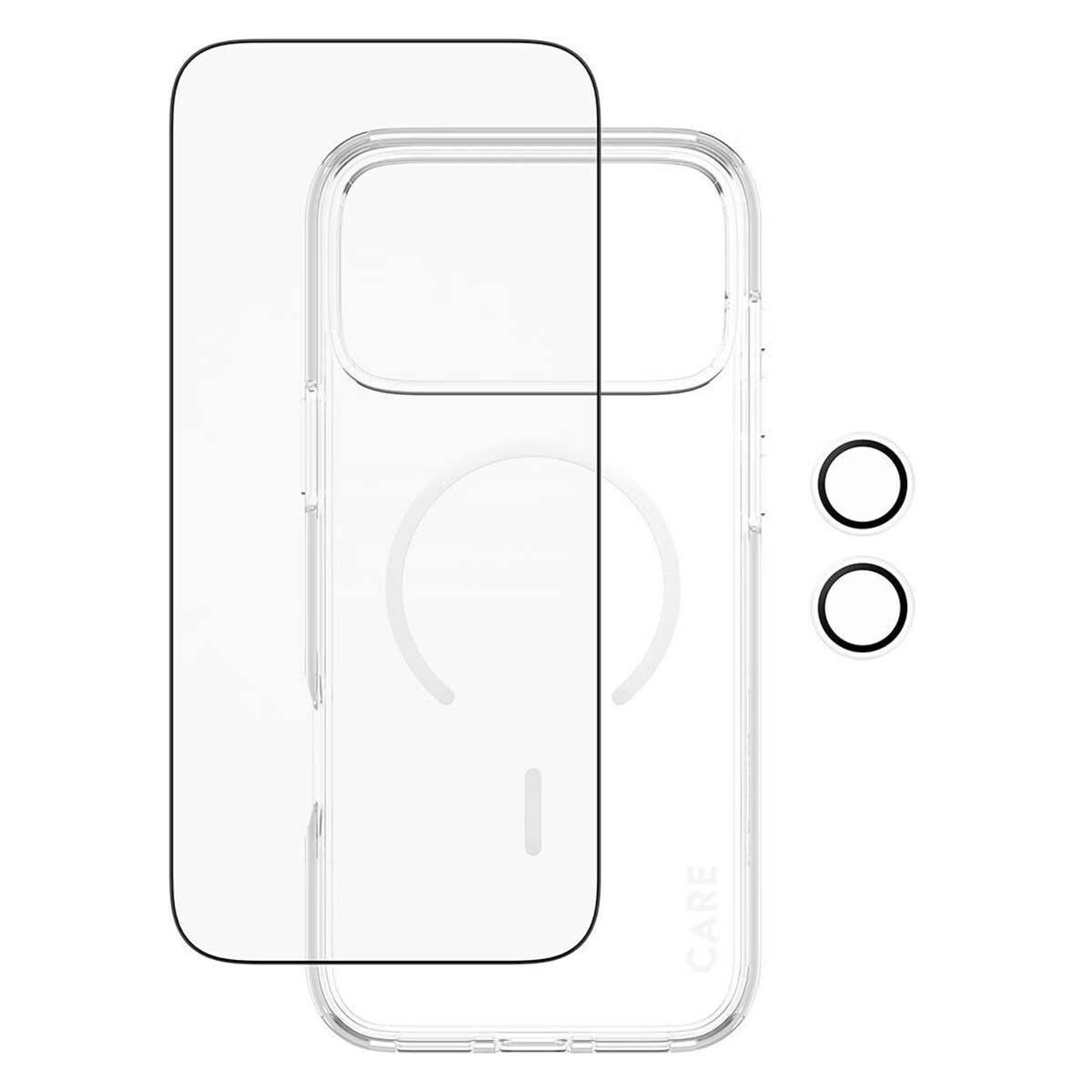 Şeffaf telefon kılıfı, ekran koruyucu ve iki siyah kamera koruyucu. Kılıfın üzerinde 'CARE' yazısı var.