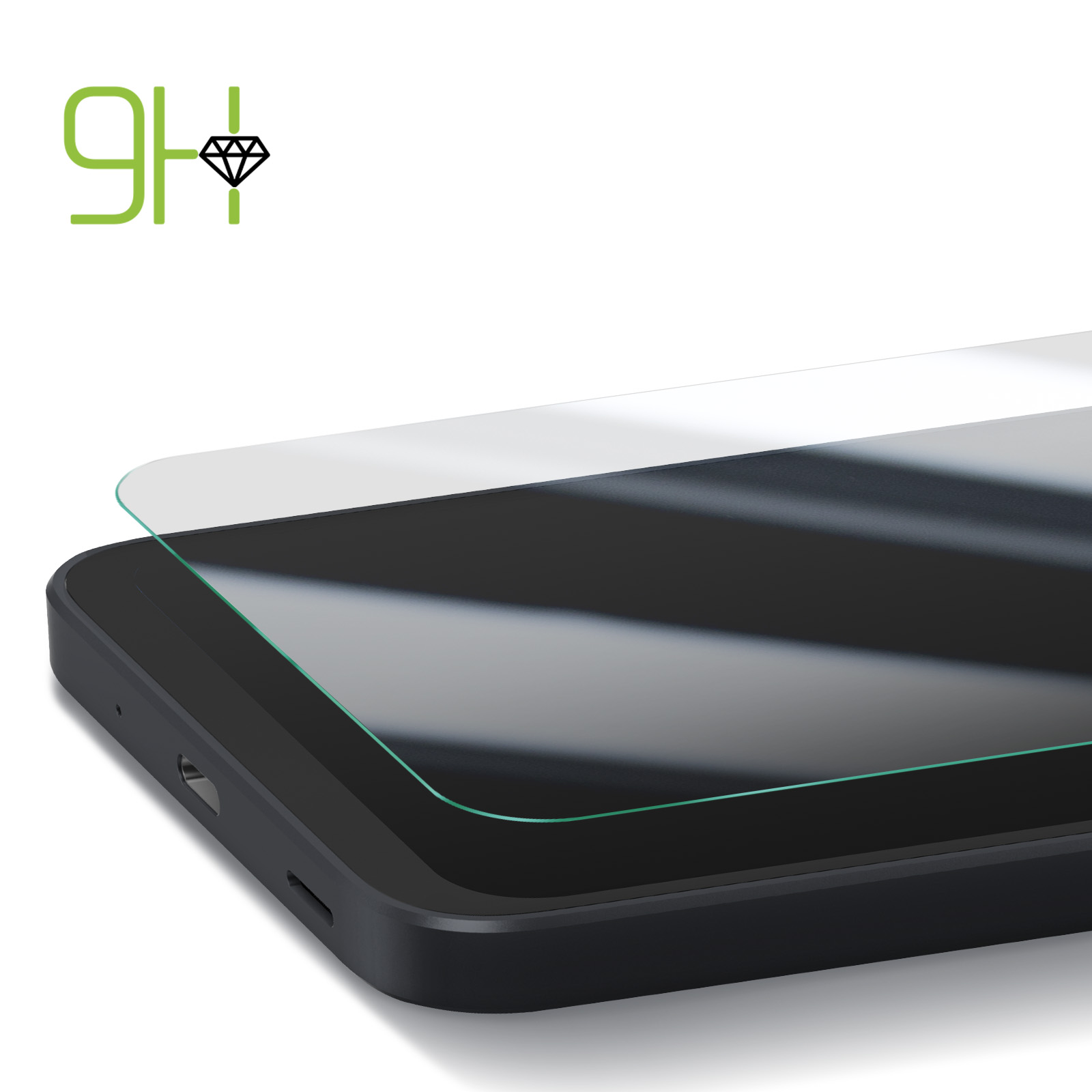 Un protecteur d'écran est appliqué sur un téléphone noir. Le protecteur est transparent, avec un bord vert. Un logo en haut à gauche.