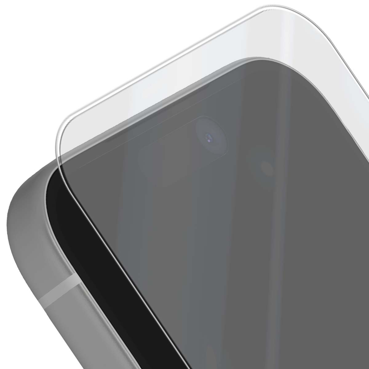 Vista ravvicinata di uno smartphone con una protezione per lo schermo applicata. Il telefono è grigio e la protezione è trasparente.