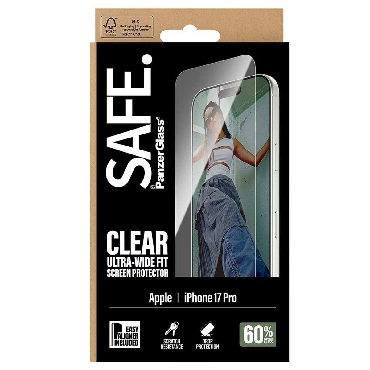 Confezione per protezione schermo iPhone 17 Pro. Caratteristiche: resistenza ai graffi e protezione dalle cadute. Mostra una donna.