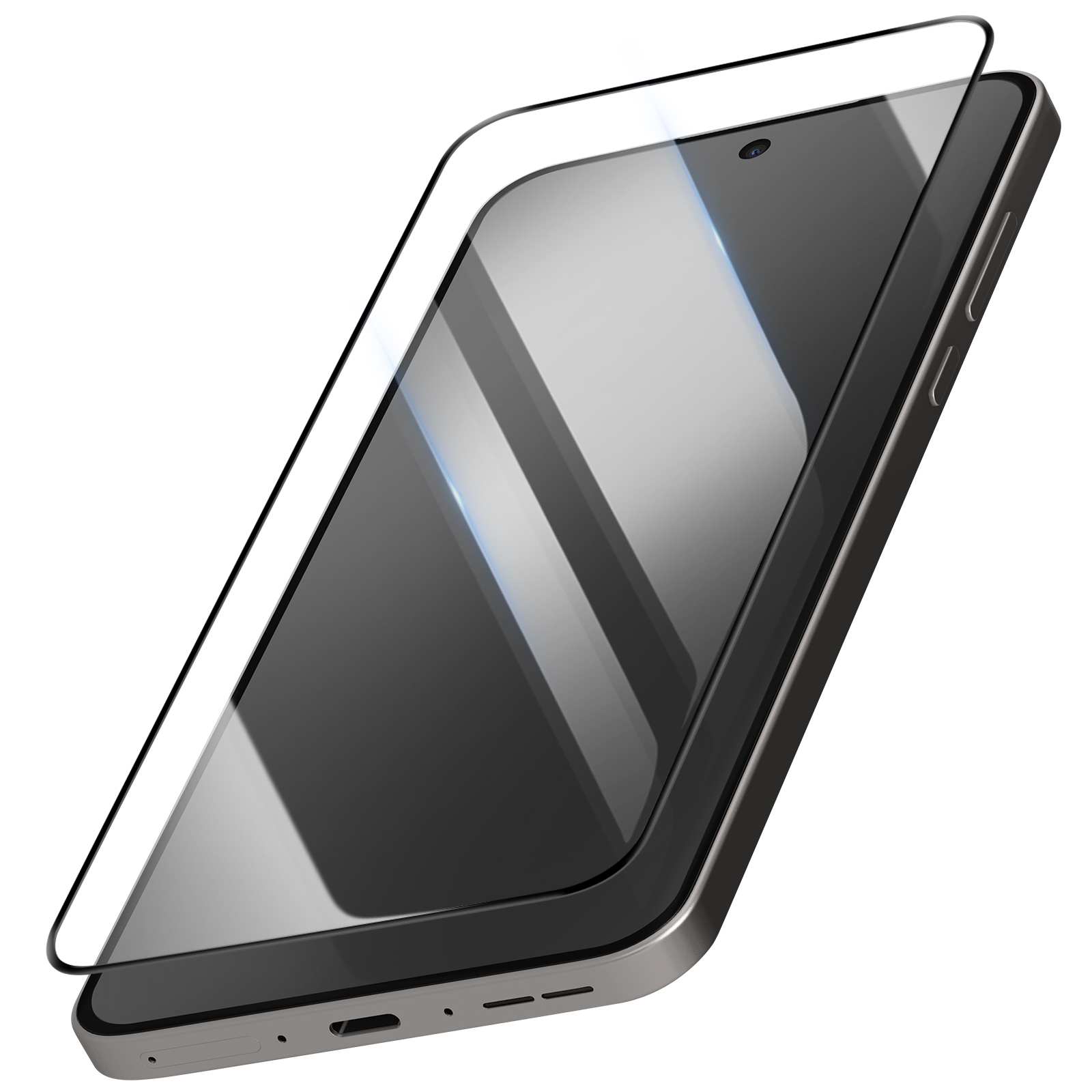 Uno smartphone con protezione schermo. La protezione è trasparente e il telefono è grigio.