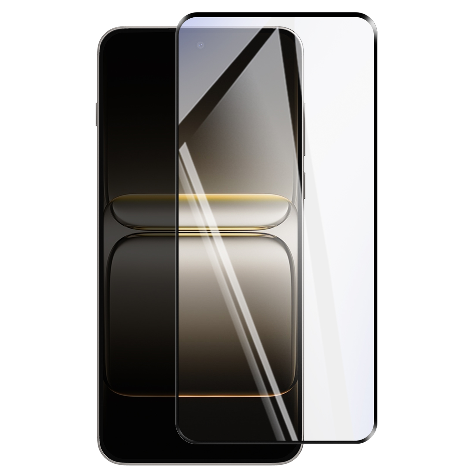 Uno smartphone con una protezione schermo applicata. Il telefono è nero con finitura lucida. La protezione è trasparente.