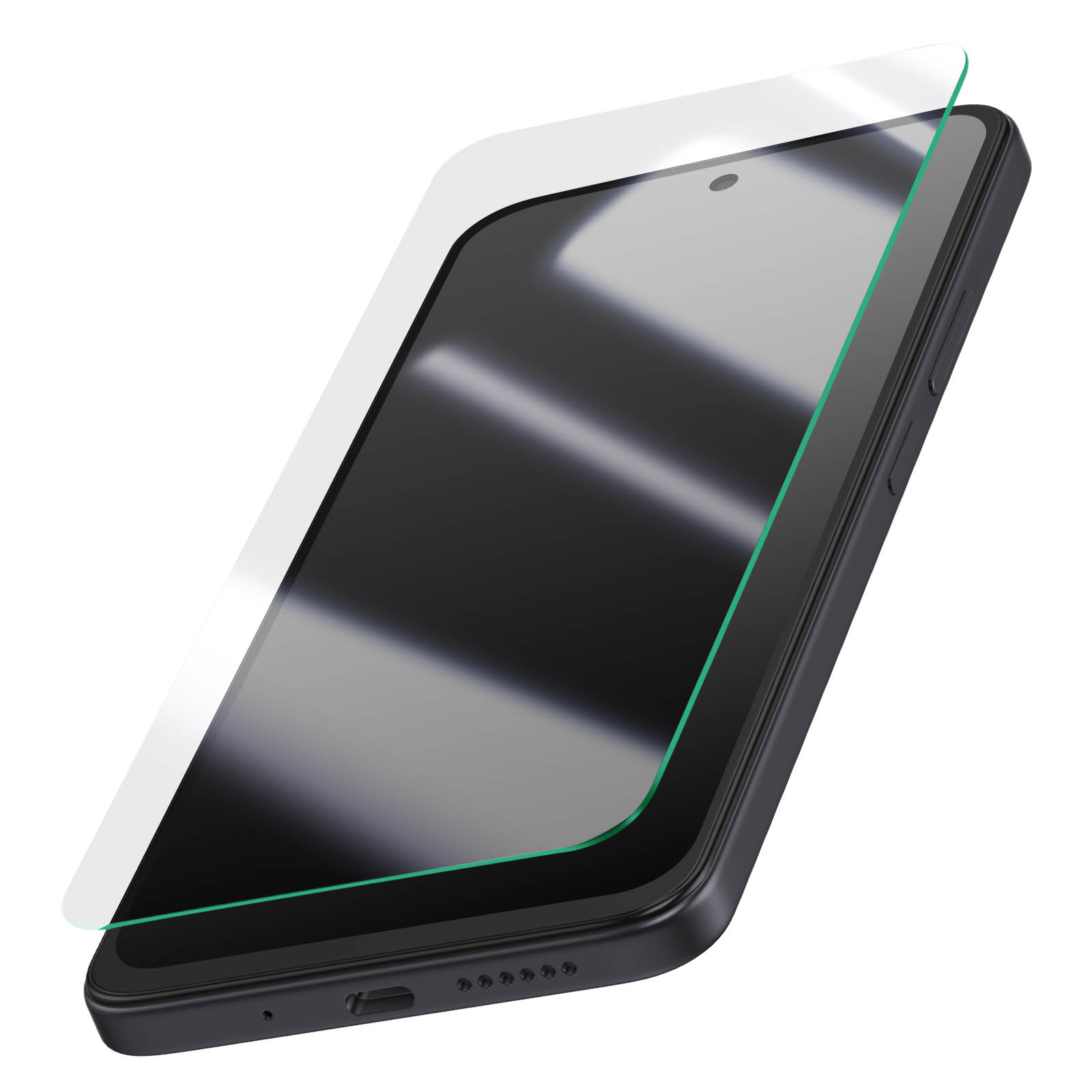 Un smartphone avec un protecteur d'écran. Le téléphone est noir, le protecteur est clair. Bord vert sur protecteur.