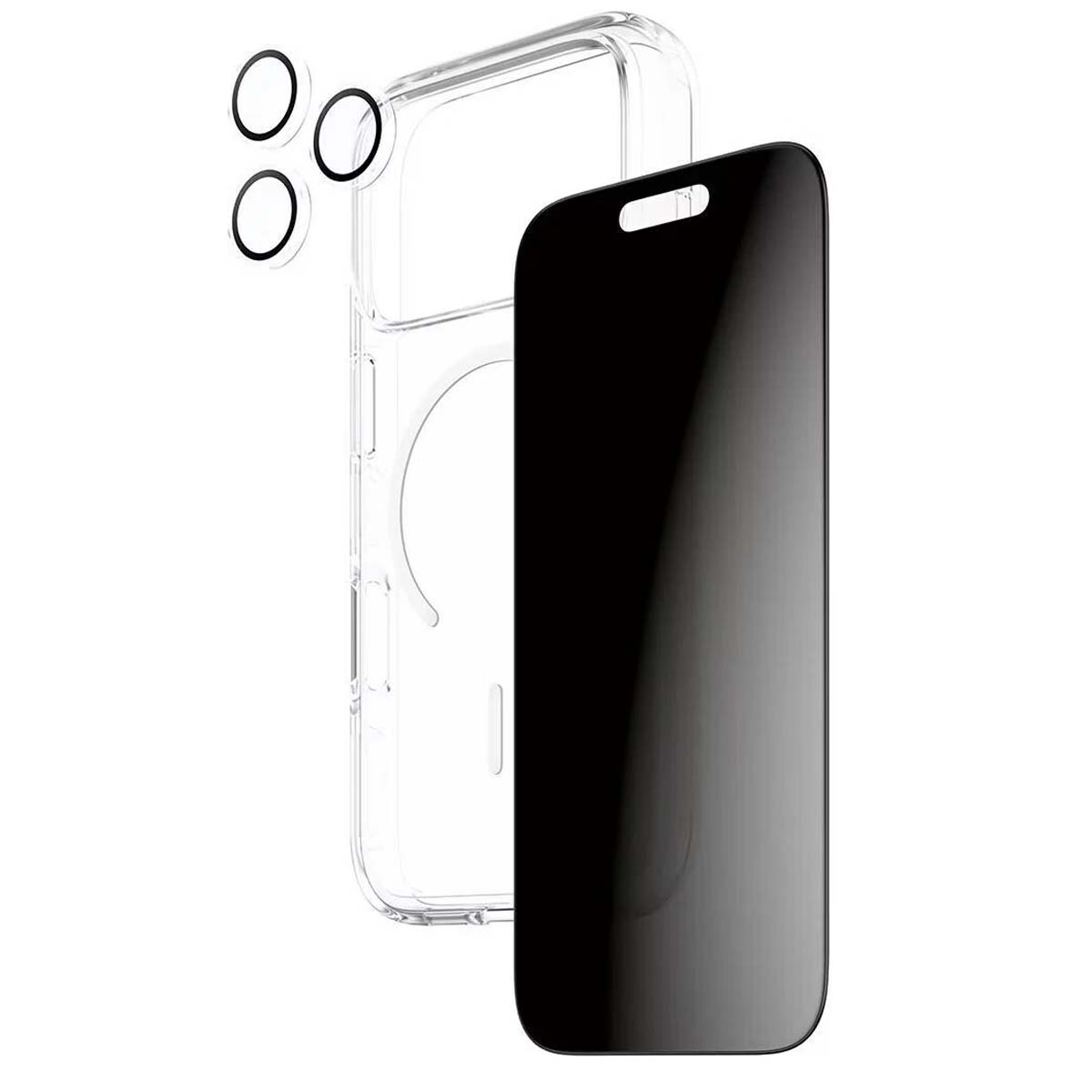 Una custodia trasparente per telefono, una protezione schermo nera e tre protezioni per lenti della fotocamera nere su sfondo bianco.