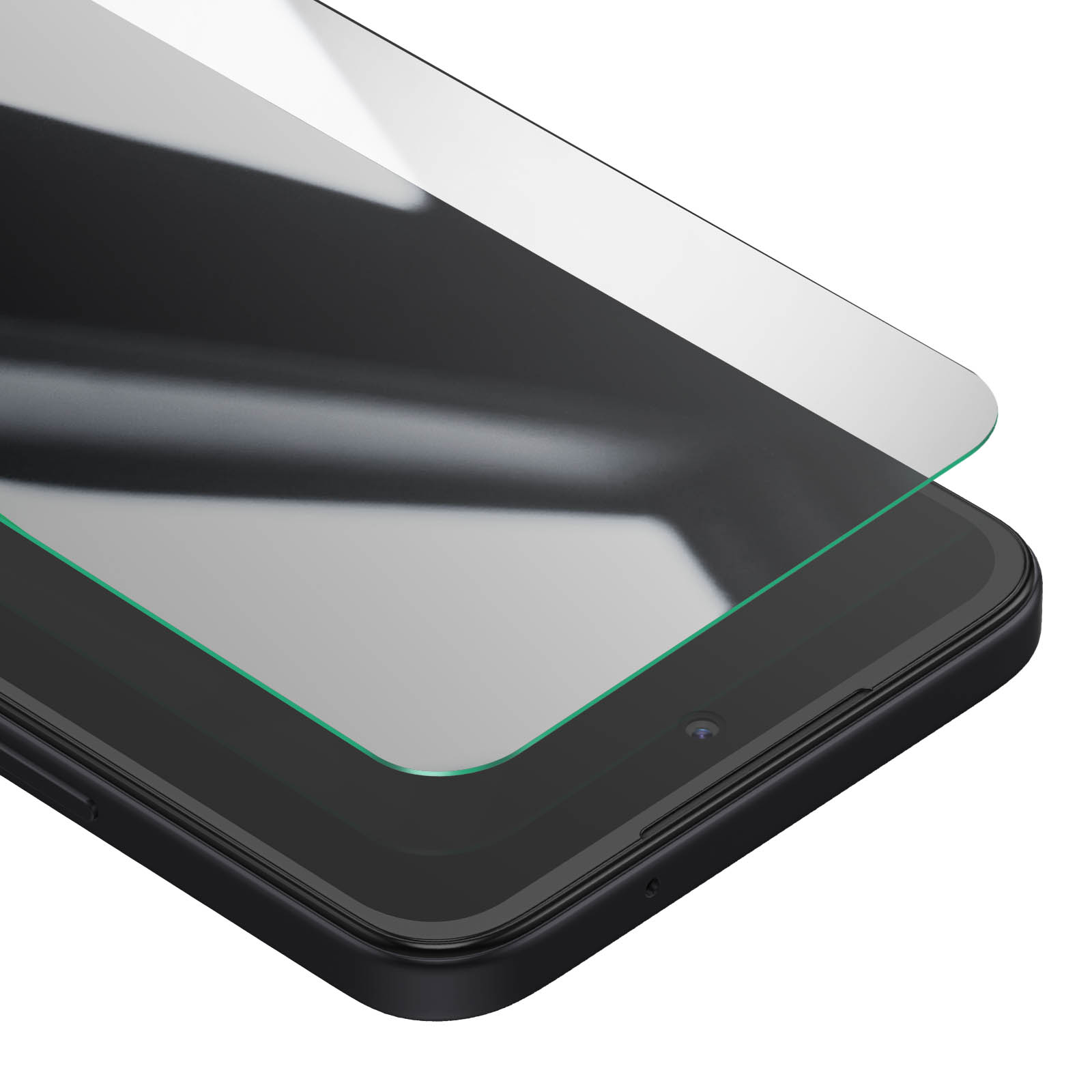 Gros plan d'une tablette noire avec un protecteur d'écran appliqué. Le protecteur est transparent, légèrement surélevé.