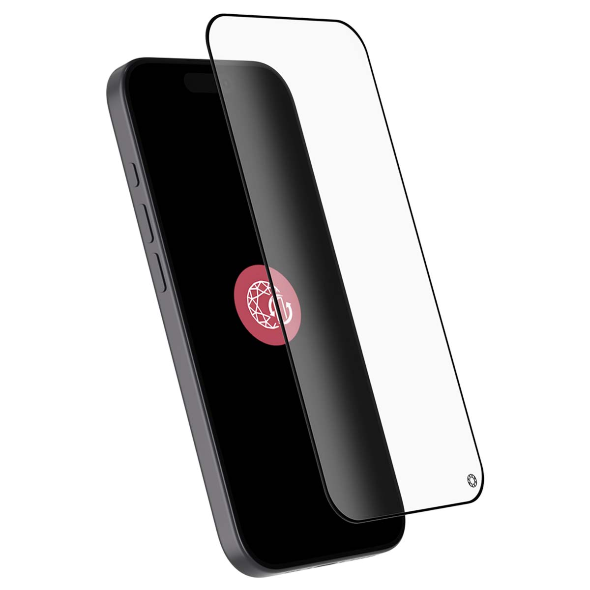 Uno smartphone con una protezione schermo. Il telefono è grigio scuro e ha uno schermo nero con un logo rosso. La protezione è trasparente.